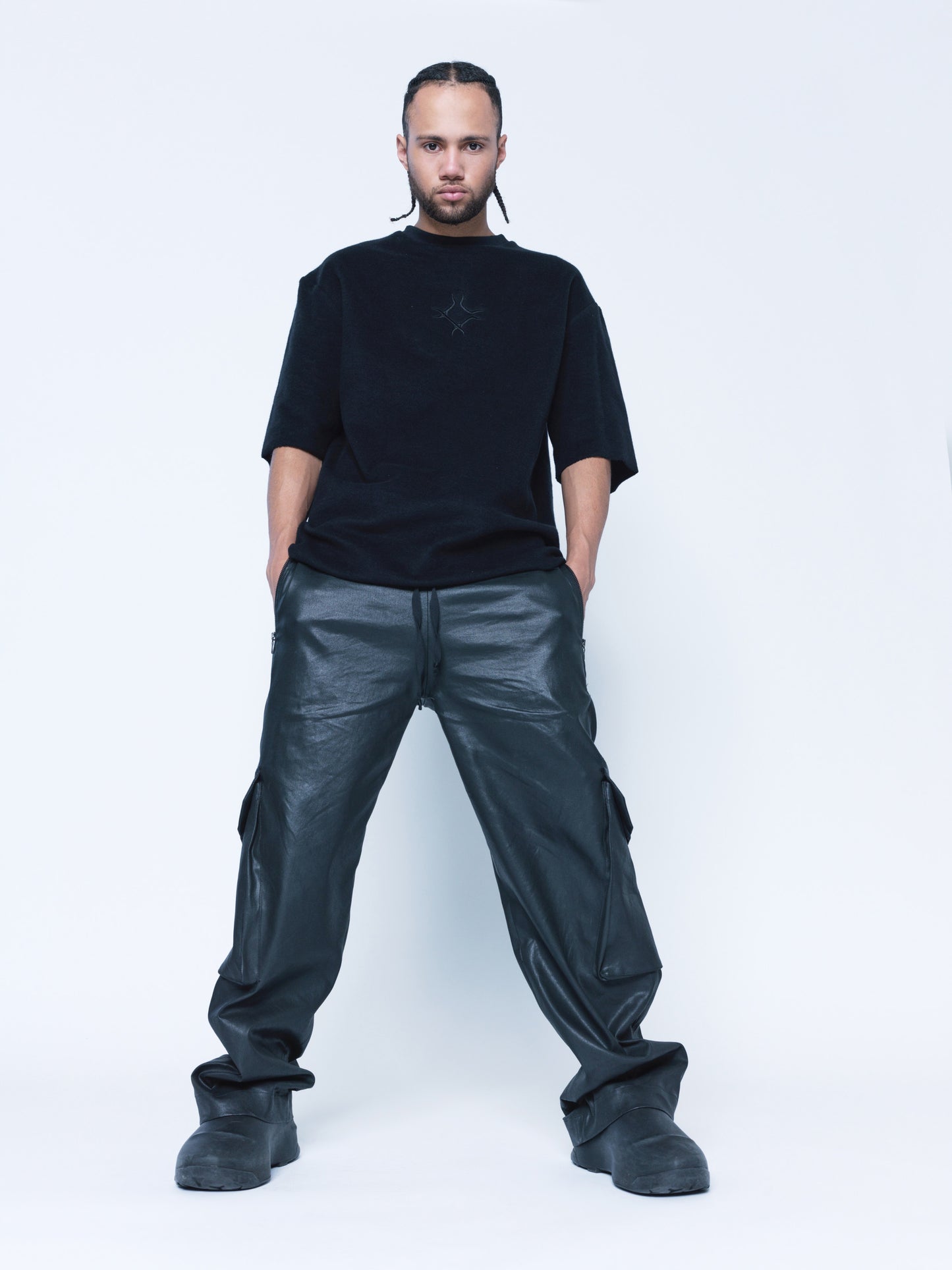 888 Black Cargo Coated Denim Pants Unisex