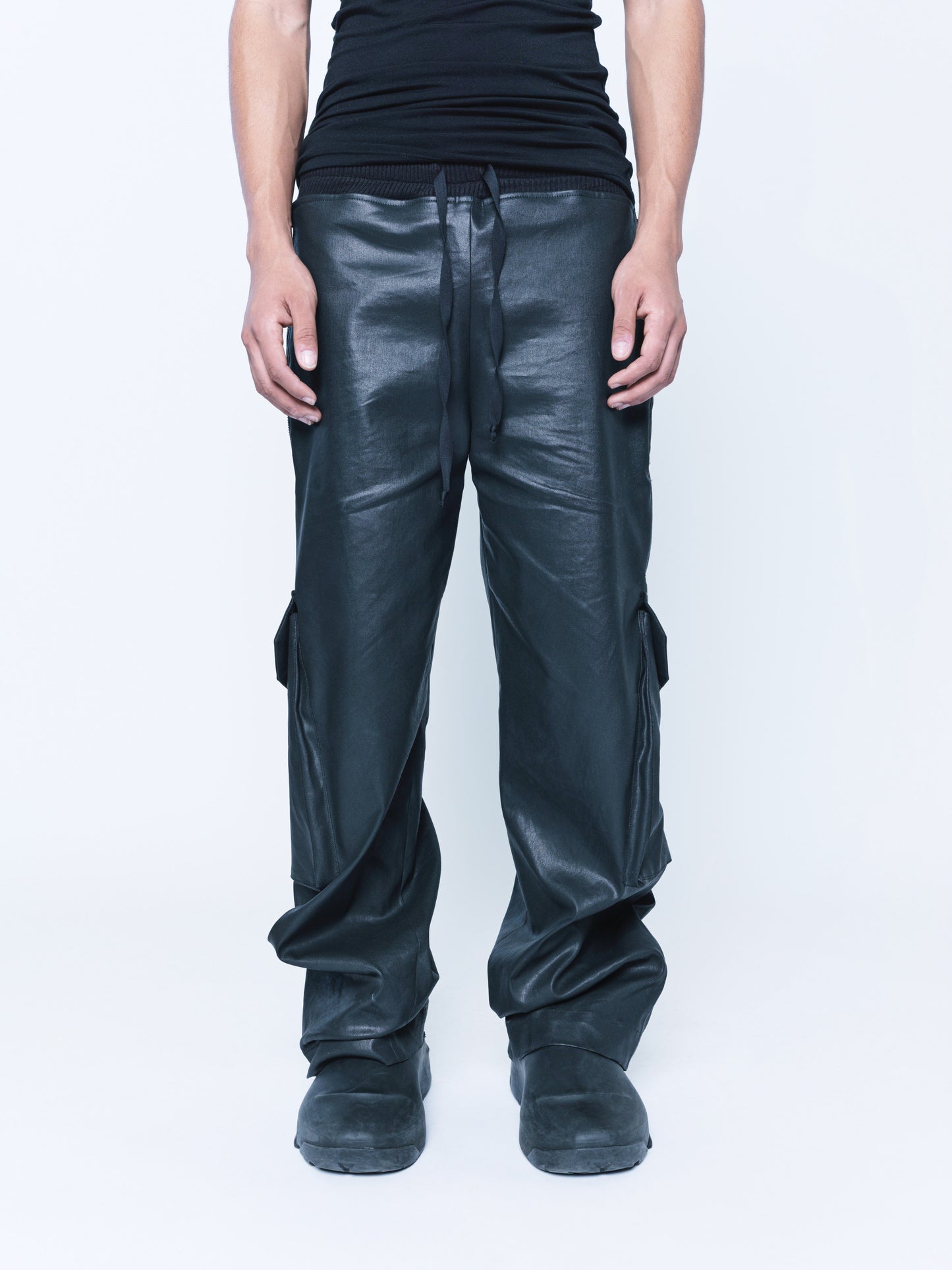 888 Black Cargo Coated Denim Pants Unisex