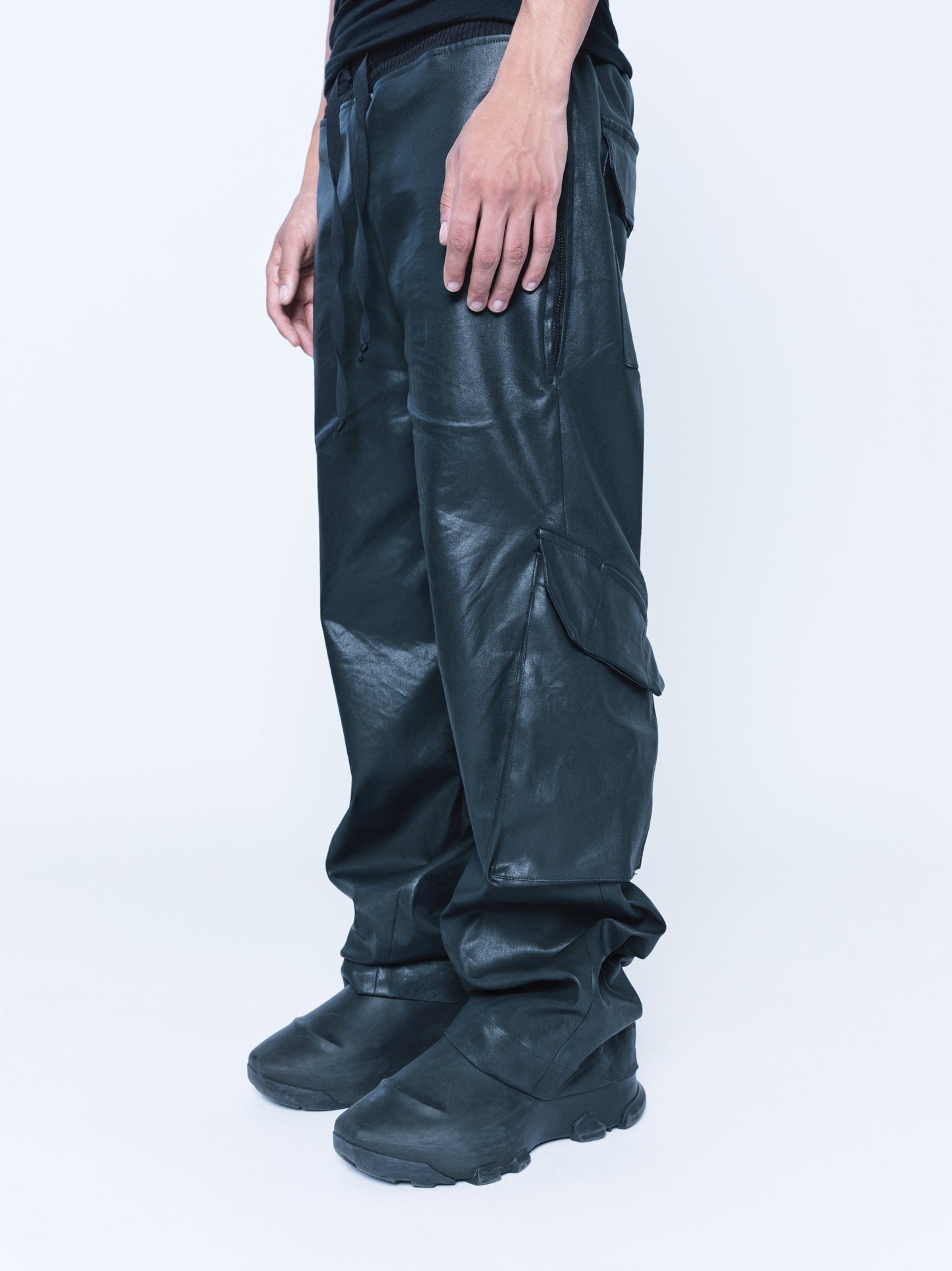 888 Black Cargo Coated Denim Pants Unisex