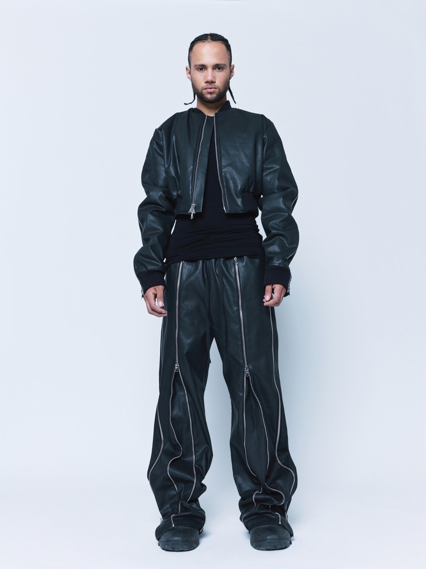 Trip-Zip Matte Black Coated Denim Pants Unisex