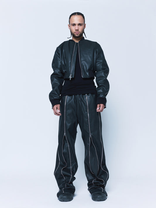 Trip-Zip Matte Black Coated Denim Pants Unisex