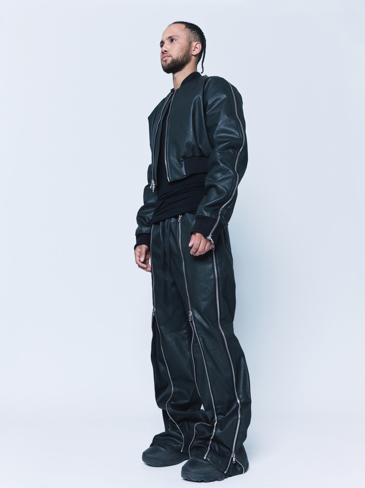 Trip-Zip Matte Black Coated Denim Pants Unisex