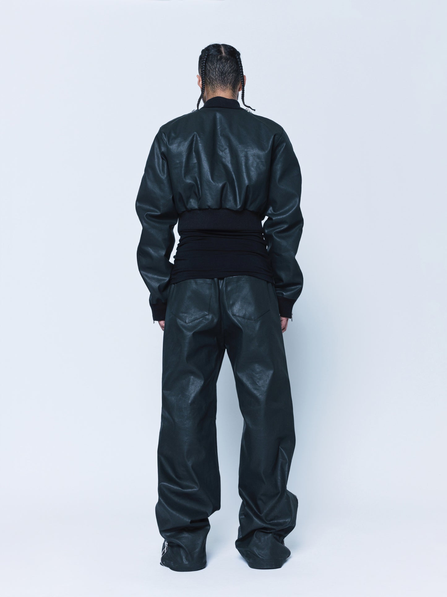 Trip-Zip Matte Black Coated Denim Pants Unisex