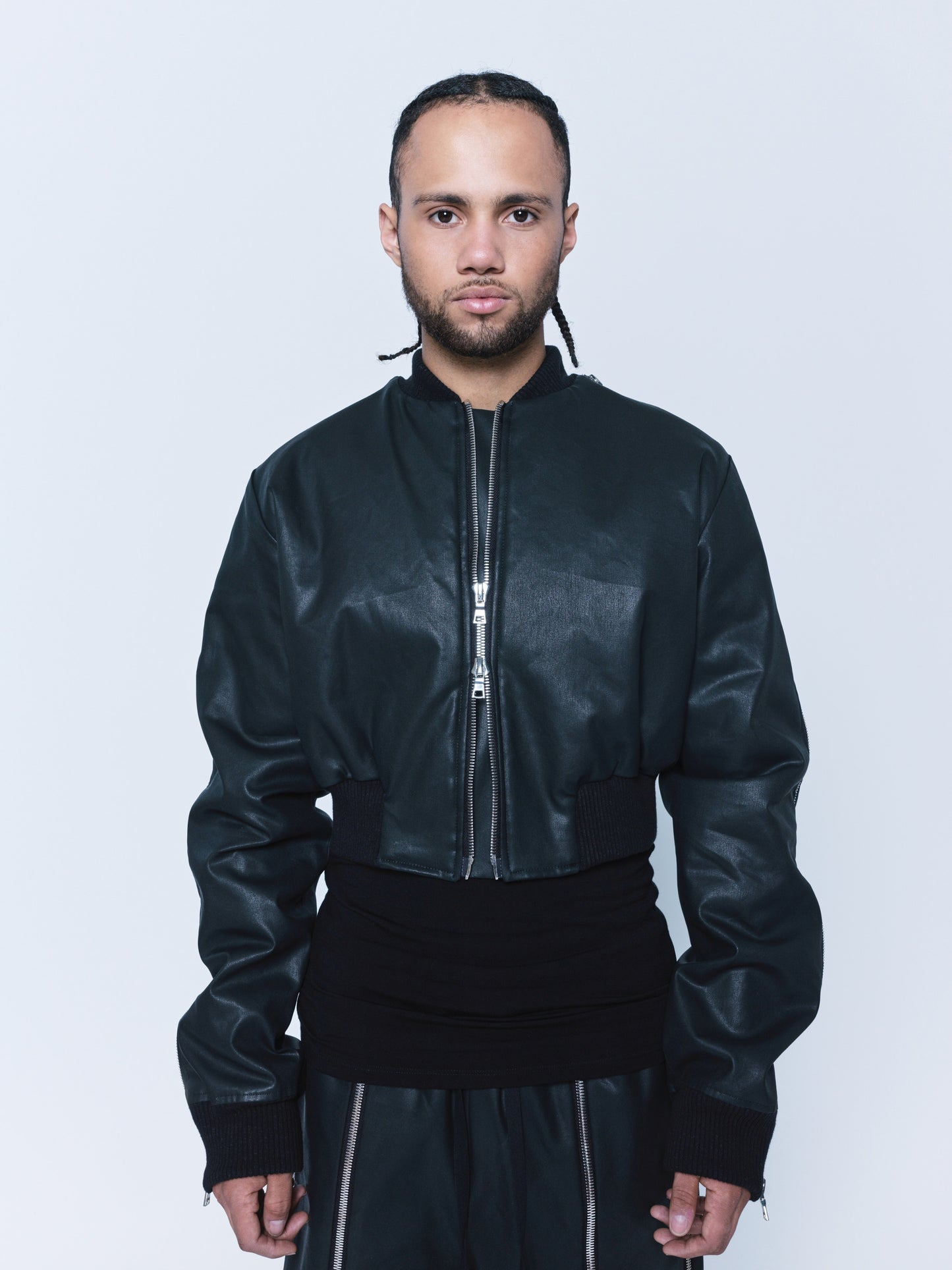 966 Matte Black Coated Denim Zipper Bomber Unisex