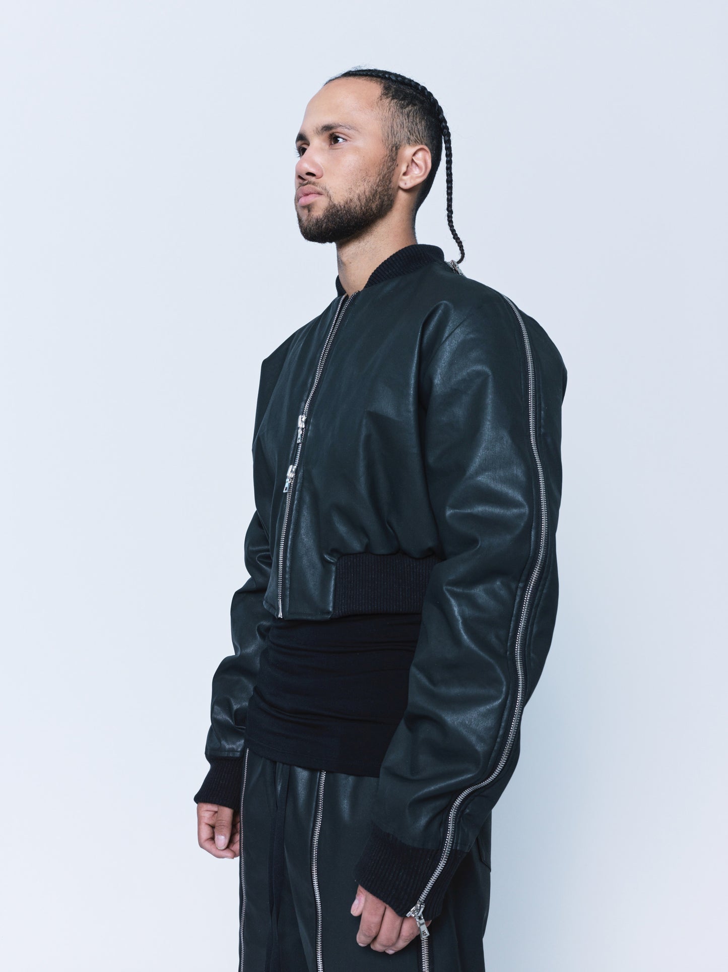 966 Matte Black Coated Denim Zipper Bomber Unisex