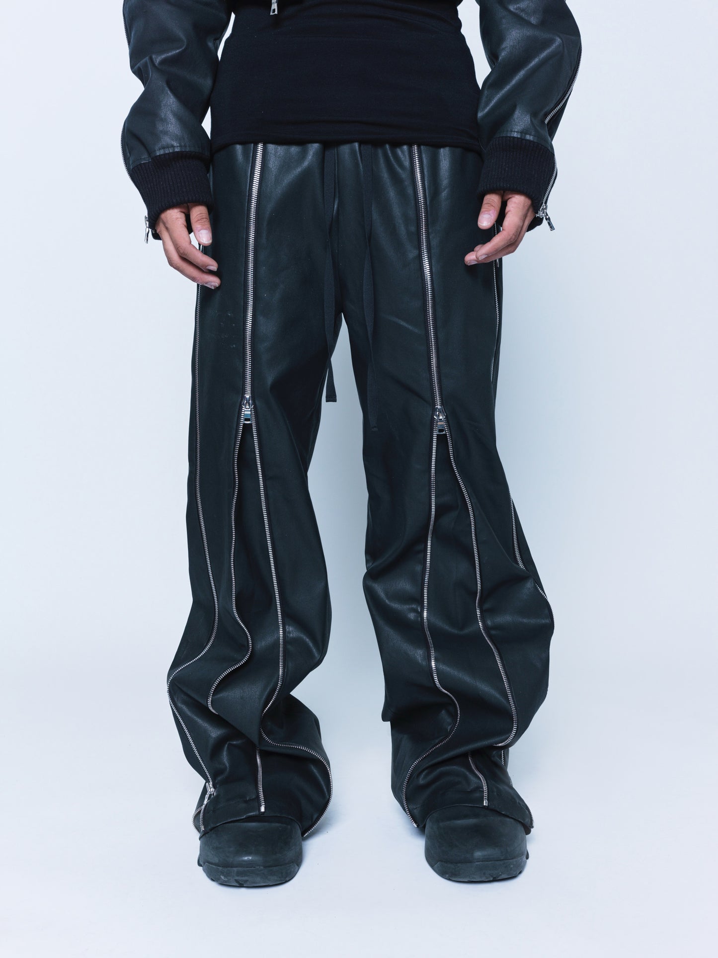 Trip-Zip Matte Black Coated Denim Pants Unisex