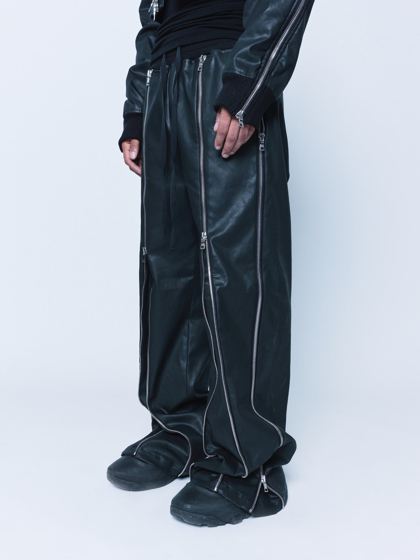 Trip-Zip Matte Black Coated Denim Pants Unisex