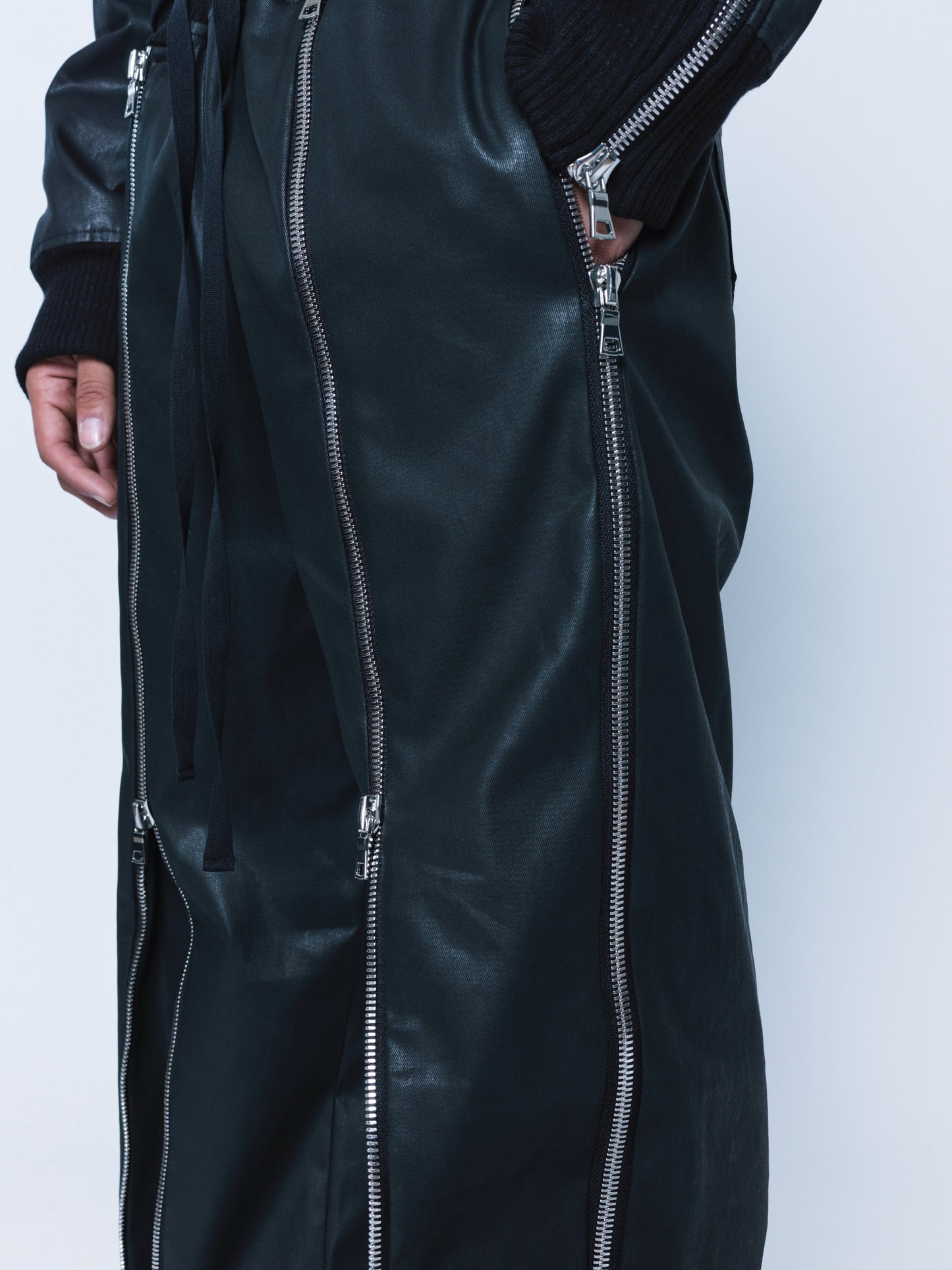 Trip-Zip Matte Black Coated Denim Pants Unisex