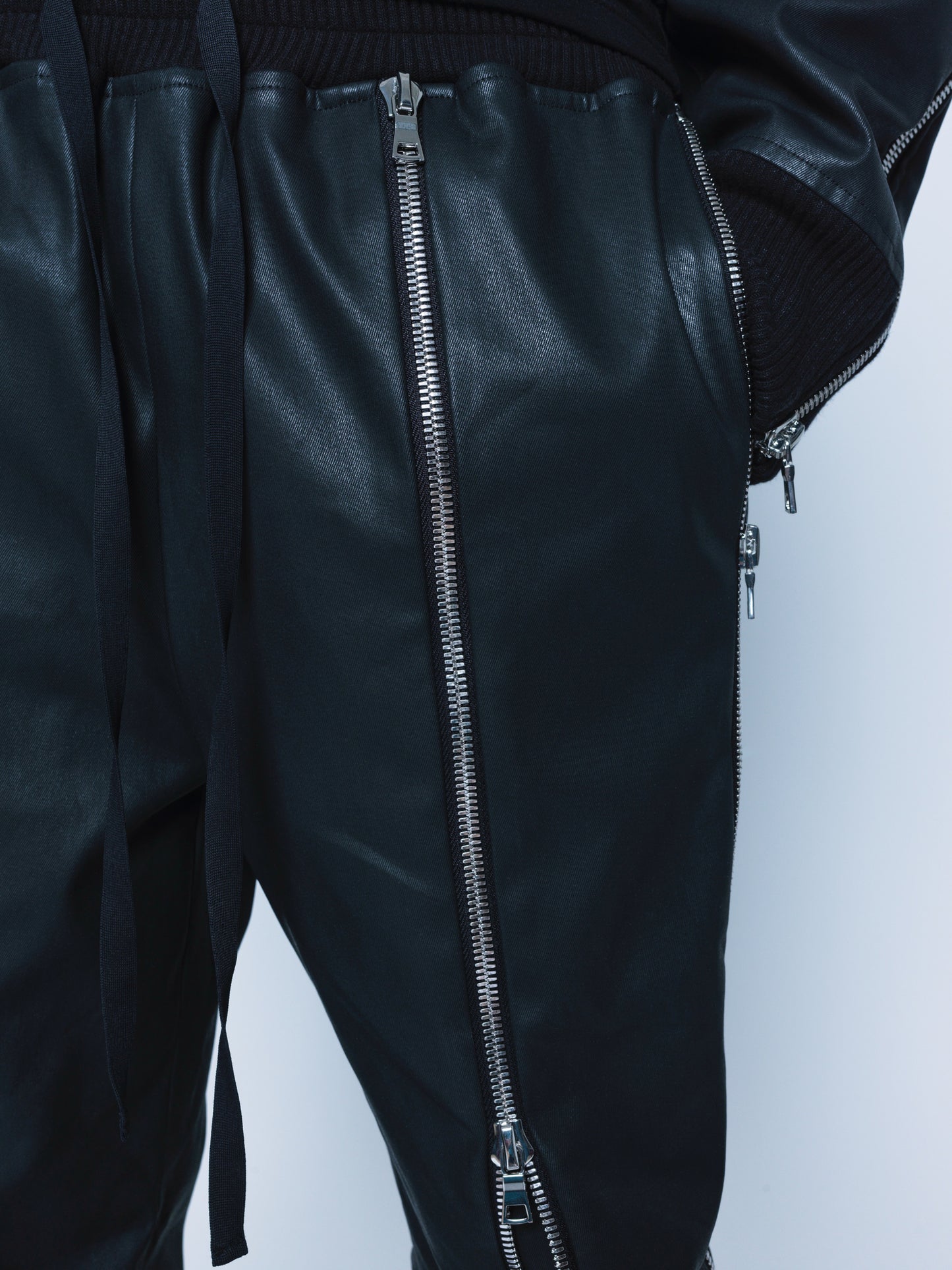Trip-Zip Matte Black Coated Denim Pants Unisex