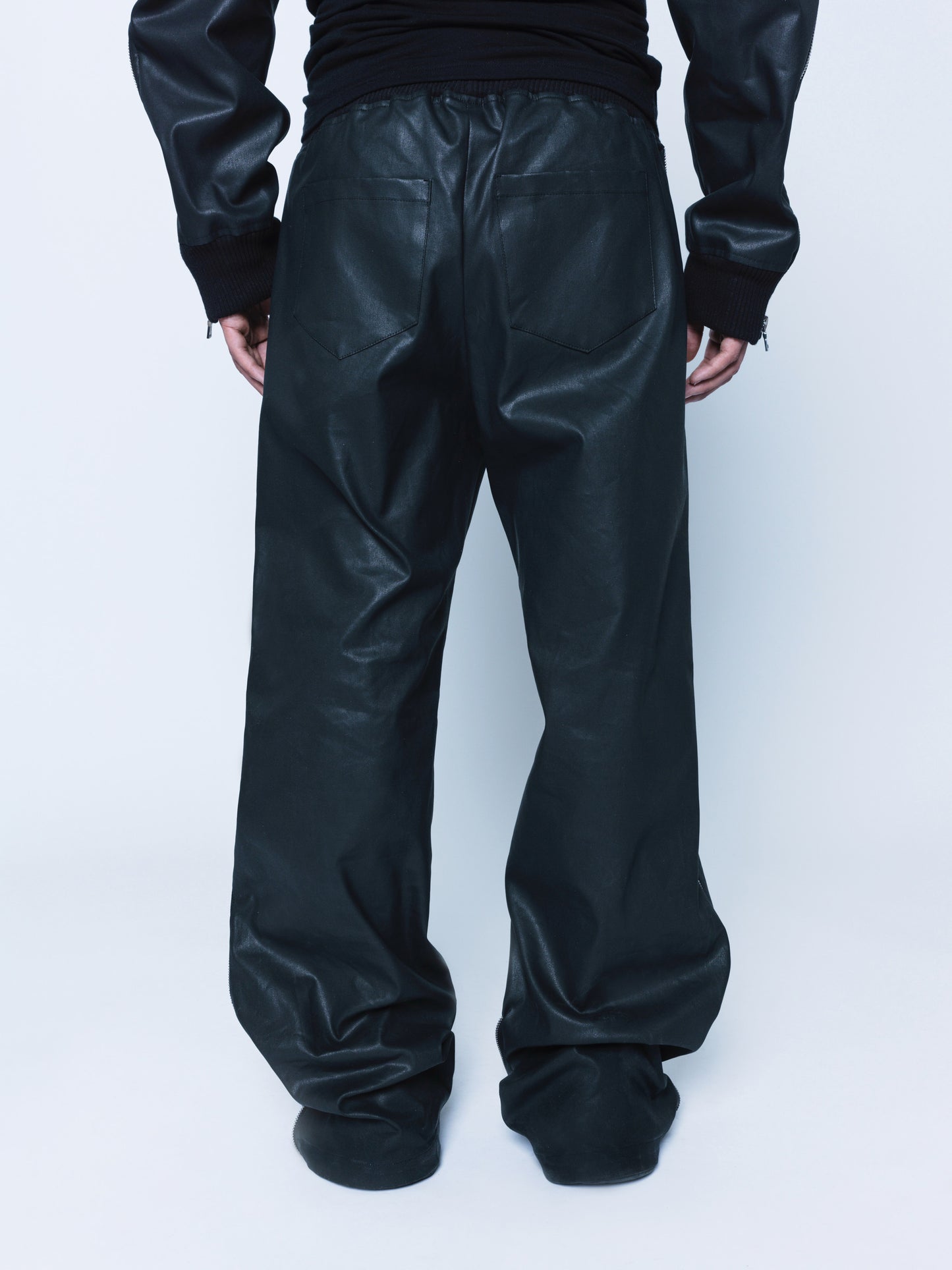 Trip-Zip Matte Black Coated Denim Pants Unisex