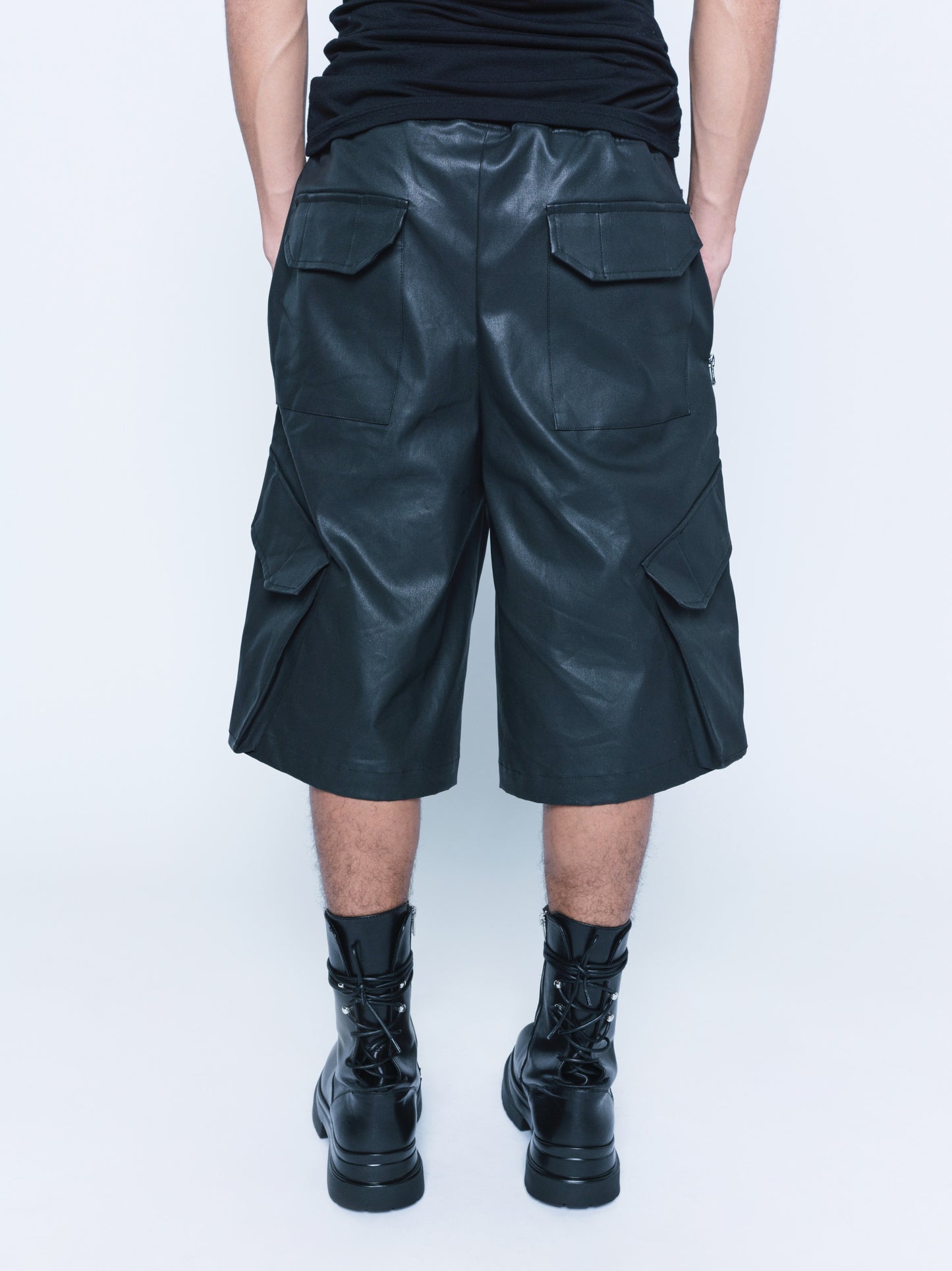 288 Black Cargo Coated Denim Shorts Unisex