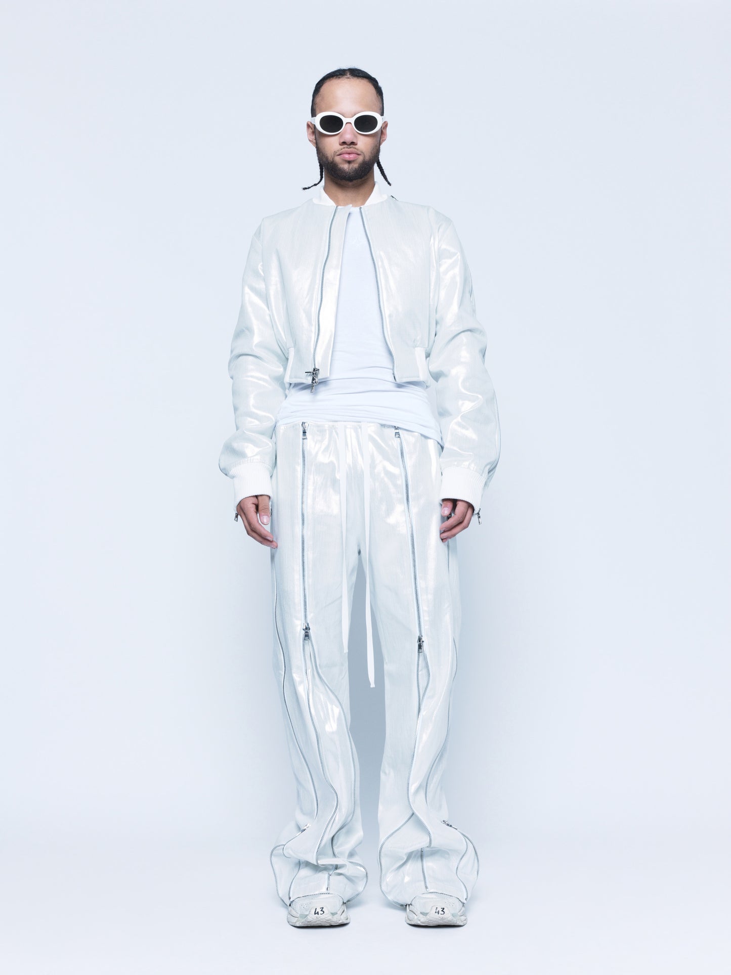 Trip-Zip White Silver Coated Denim Pants Unisex