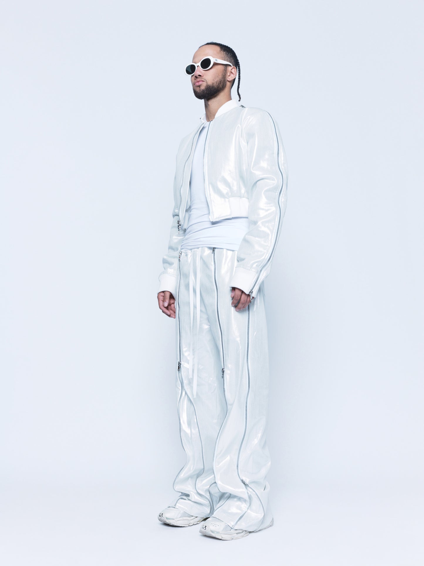 Trip-Zip White Silver Coated Denim Pants Unisex