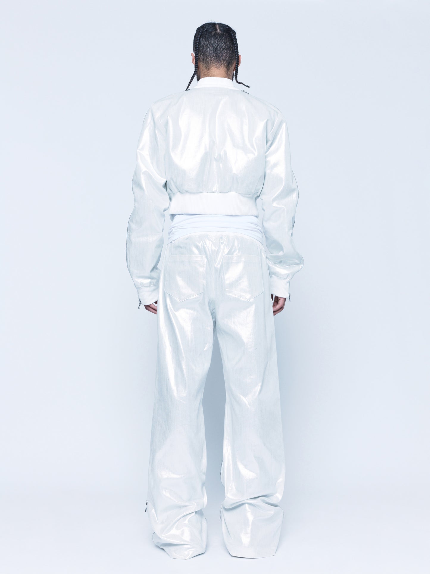 Trip-Zip White Silver Coated Denim Pants Unisex