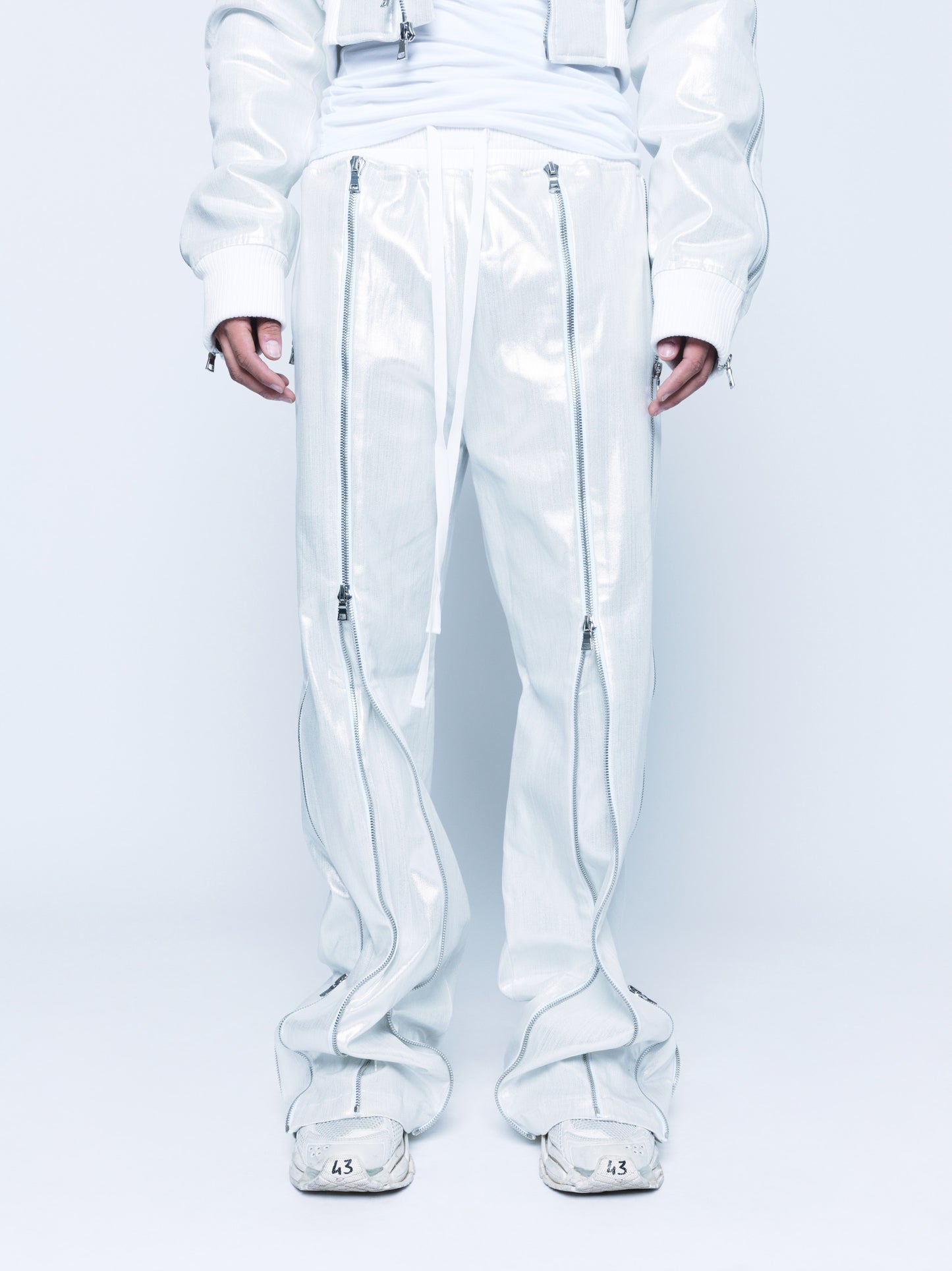 Trip-Zip White Silver Coated Denim Pants Unisex