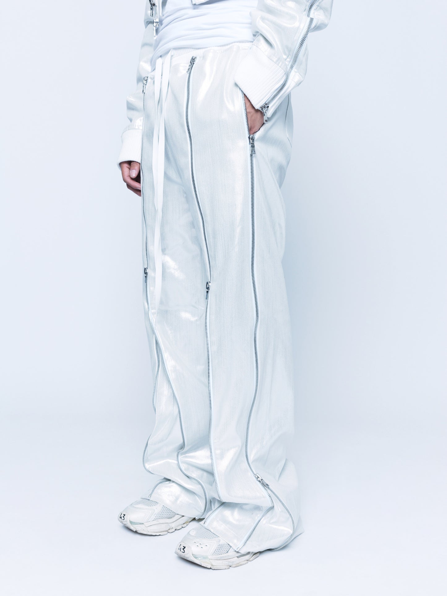 Trip-Zip White Silver Coated Denim Pants Unisex
