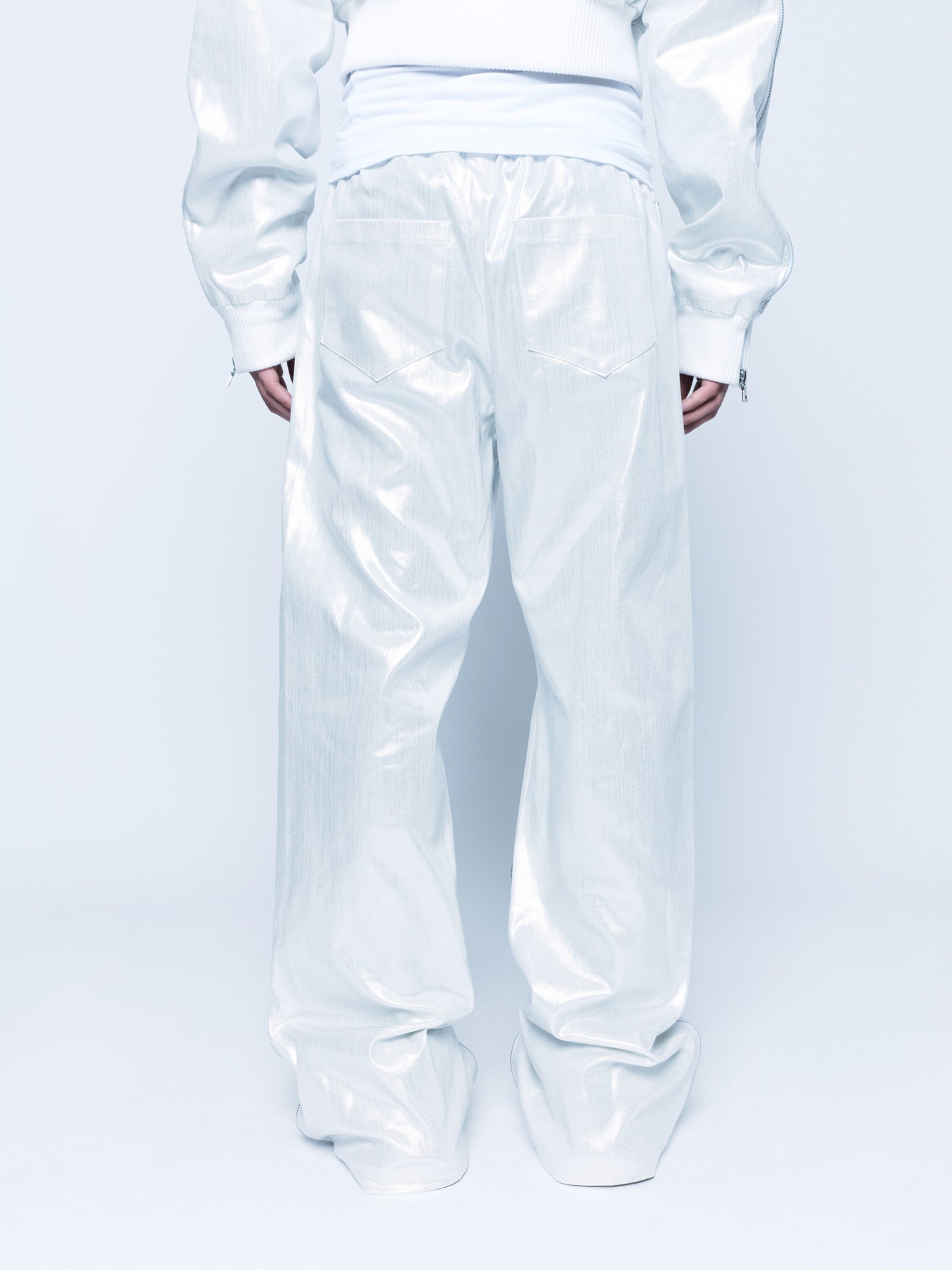 Trip-Zip White Silver Coated Denim Pants Unisex