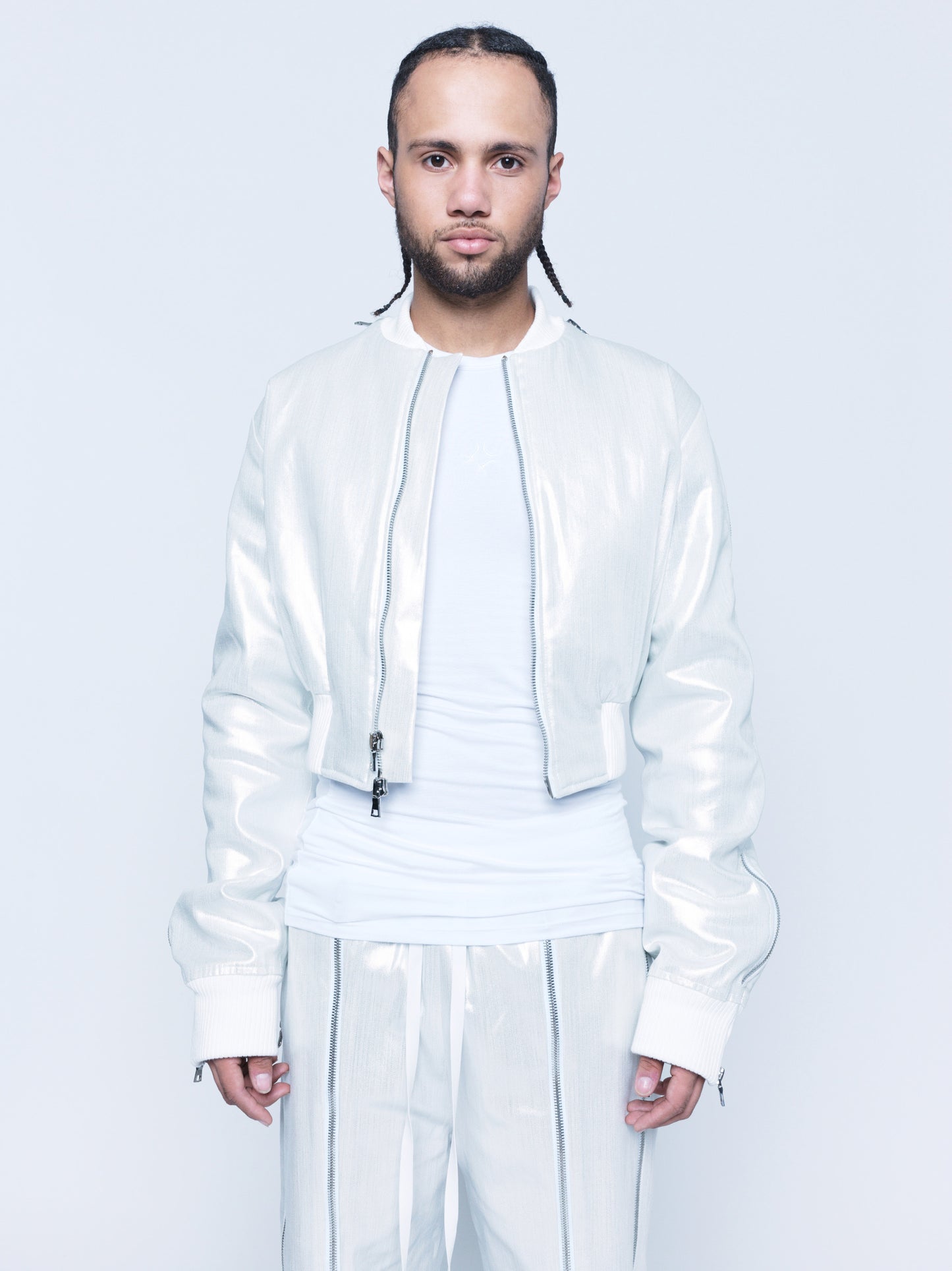 966 White Silver Coated Denim Zipper Bomber Unisex