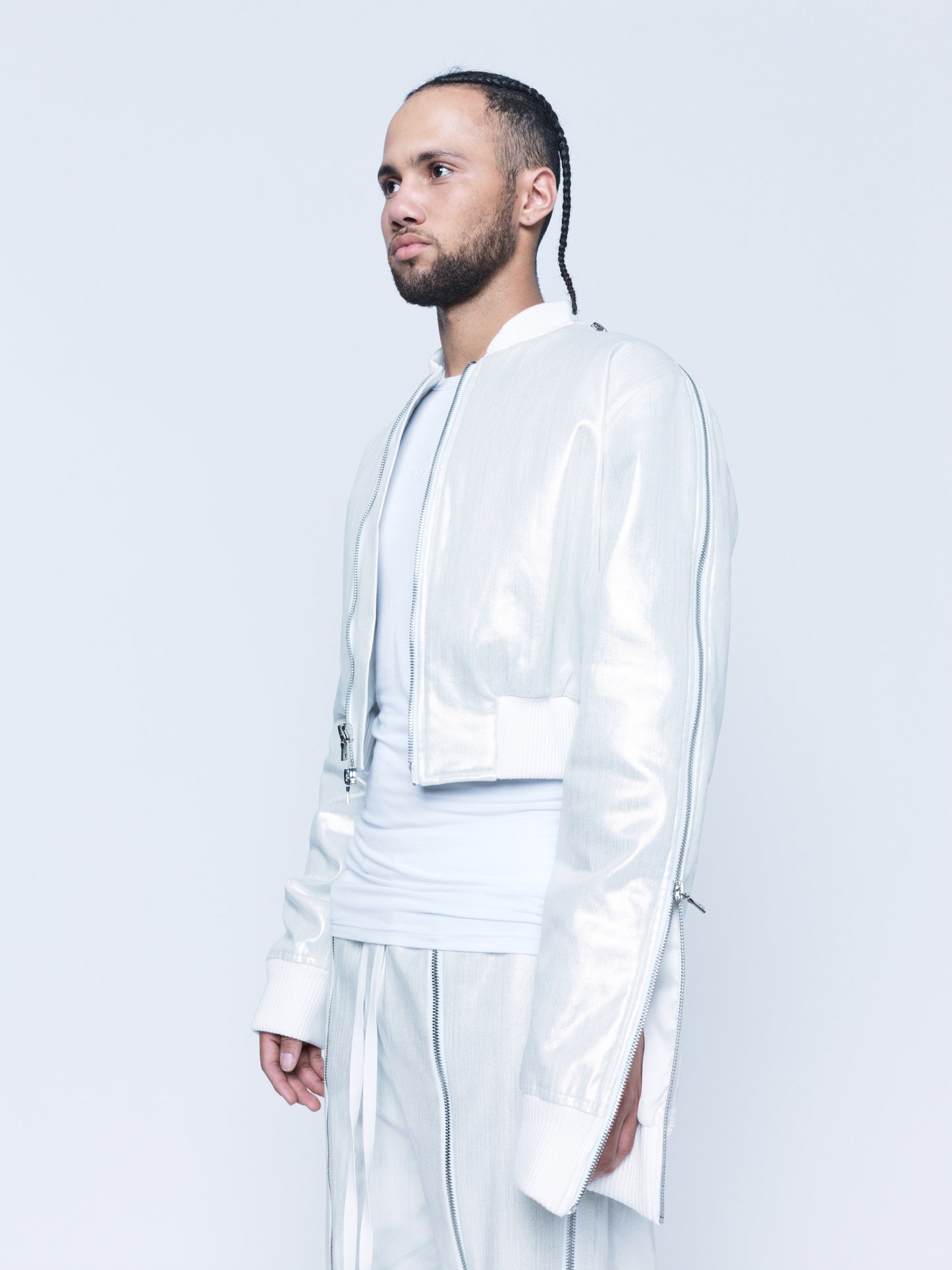 966 White Silver Coated Denim Zipper Bomber Unisex