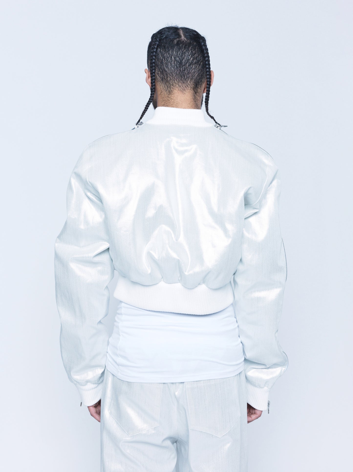 966 White Silver Coated Denim Zipper Bomber Unisex