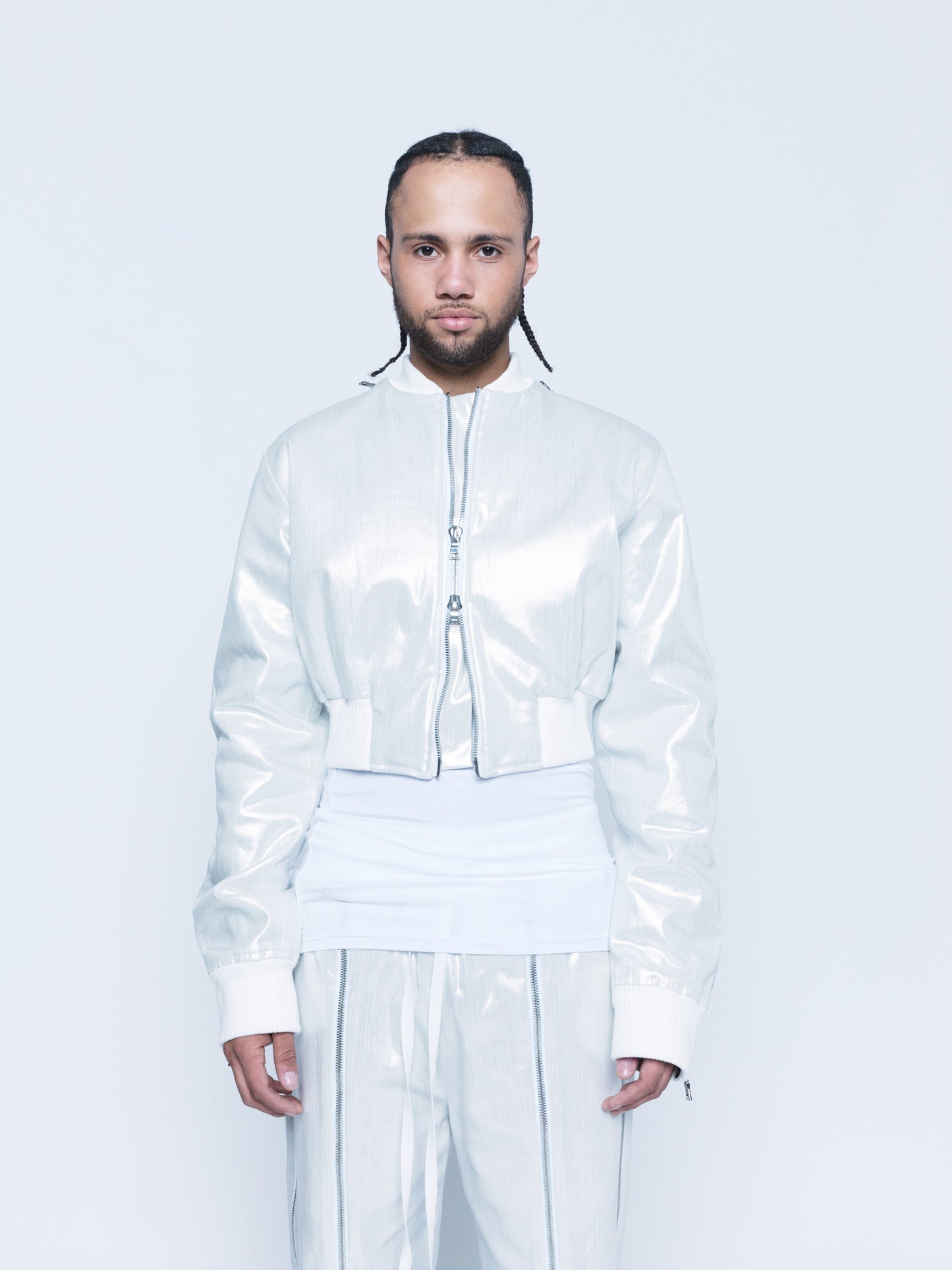 966 White Silver Coated Denim Zipper Bomber Unisex