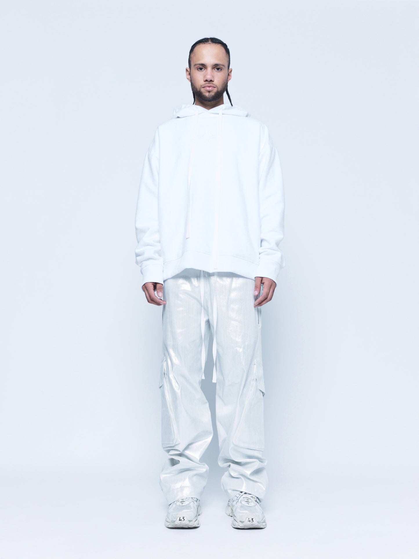 888 White Silver Cargo Coated Denim Pants Unisex