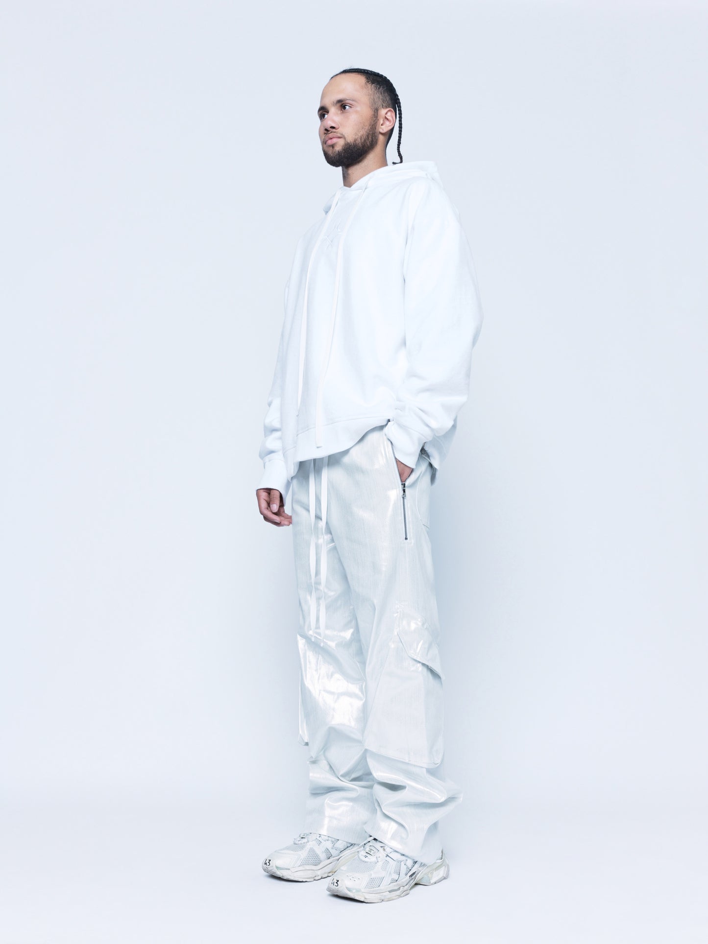 888 White Silver Cargo Coated Denim Pants Unisex