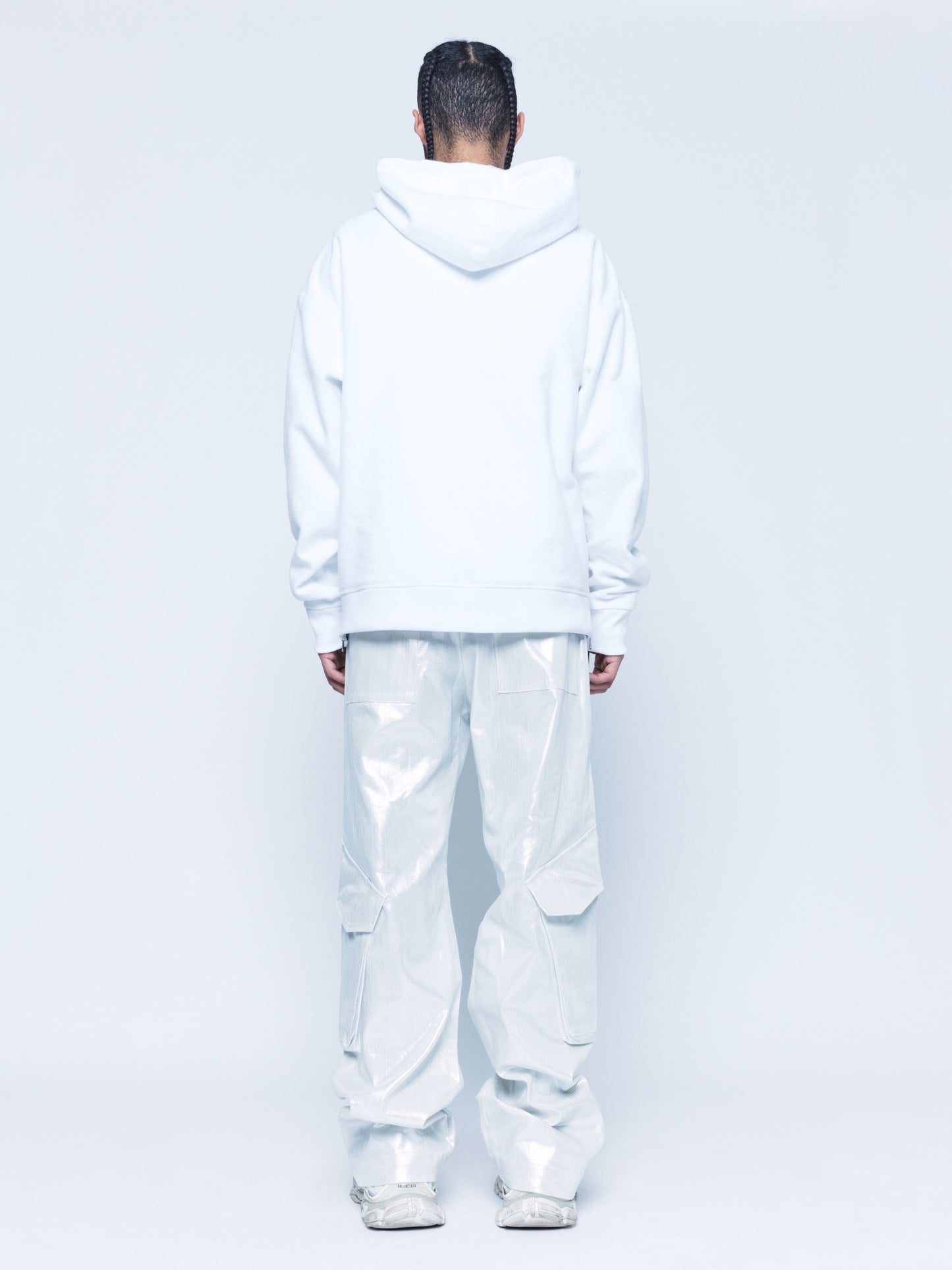 888 White Silver Cargo Coated Denim Pants Unisex