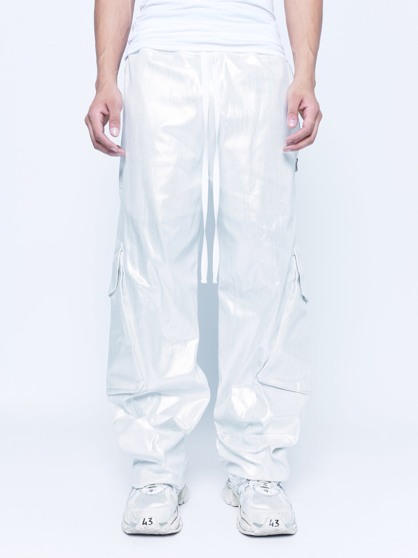 888 White Silver Cargo Coated Denim Pants Unisex