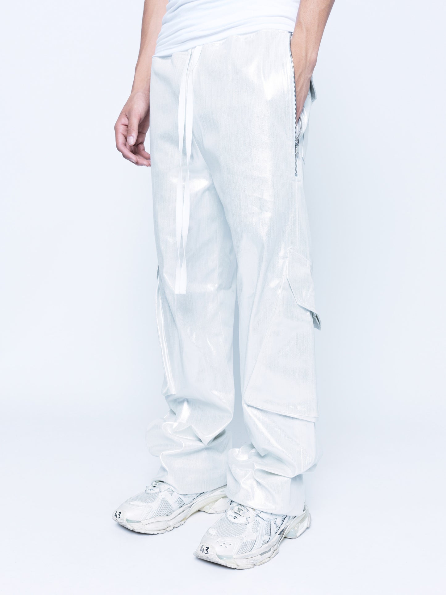 888 White Silver Cargo Coated Denim Pants Unisex