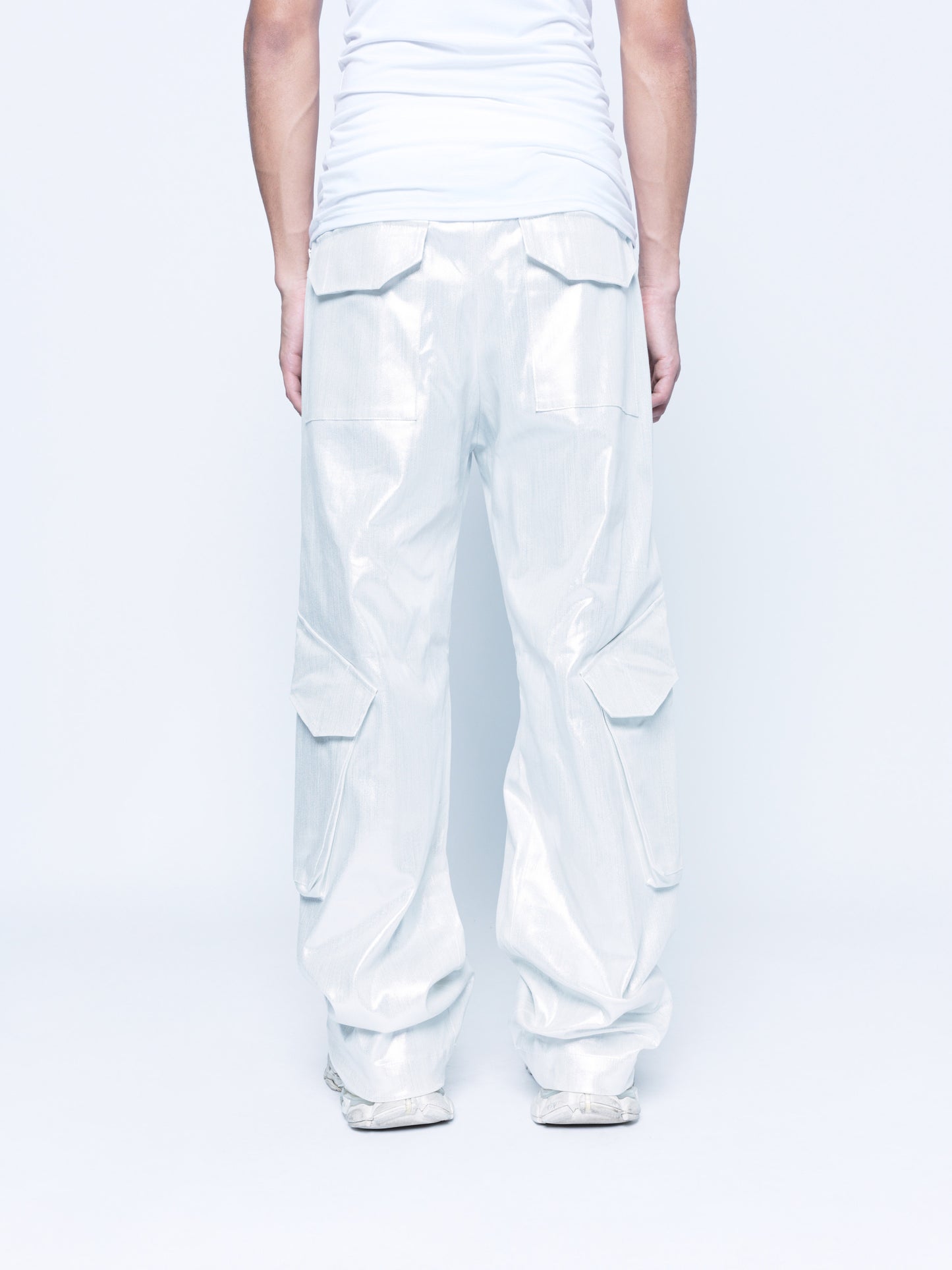 888 White Silver Cargo Coated Denim Pants Unisex