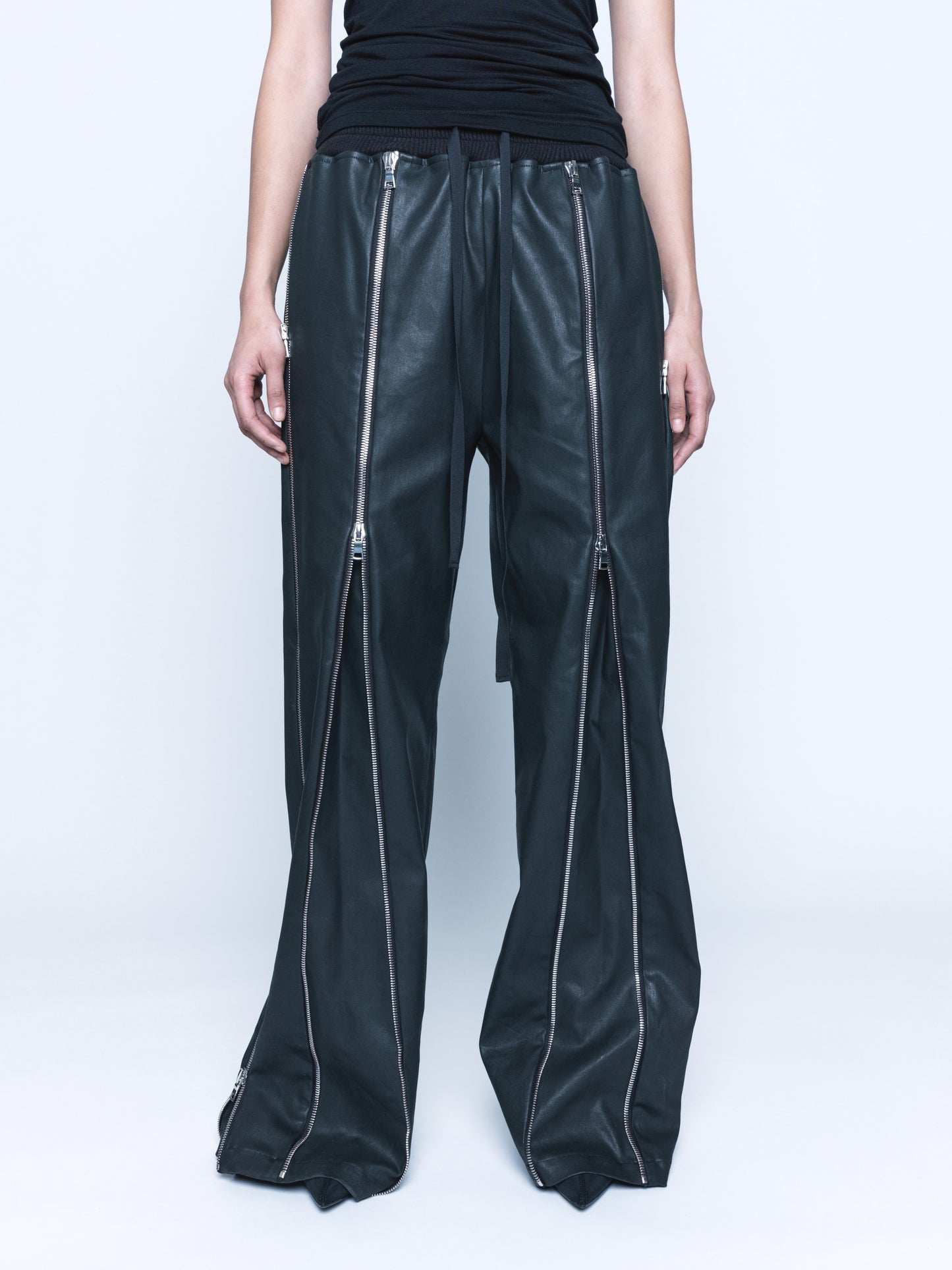Trip-Zip Matte Black Coated Denim Pants Unisex