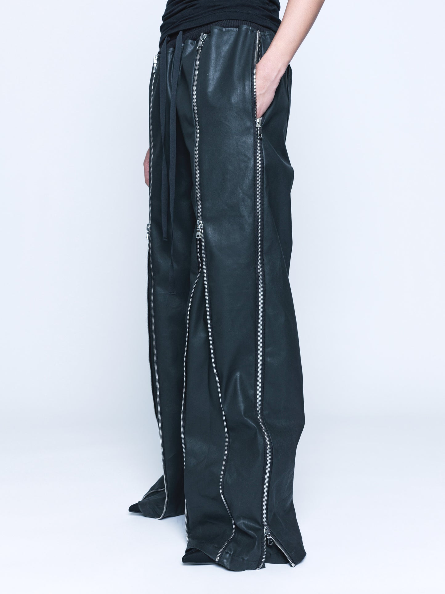 Trip-Zip Matte Black Coated Denim Pants Unisex