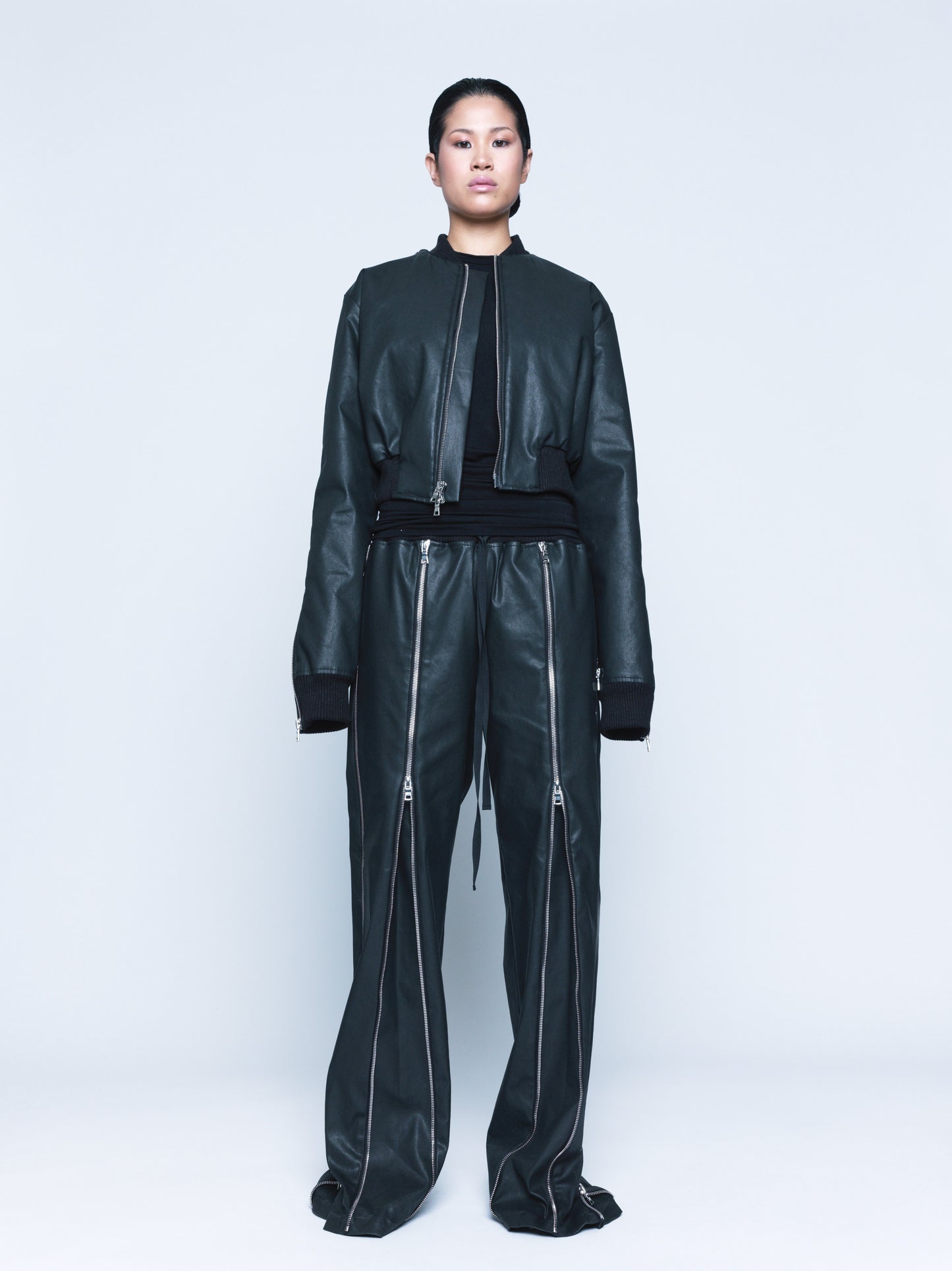 966 Matte Black Coated Denim Zipper Bomber Unisex