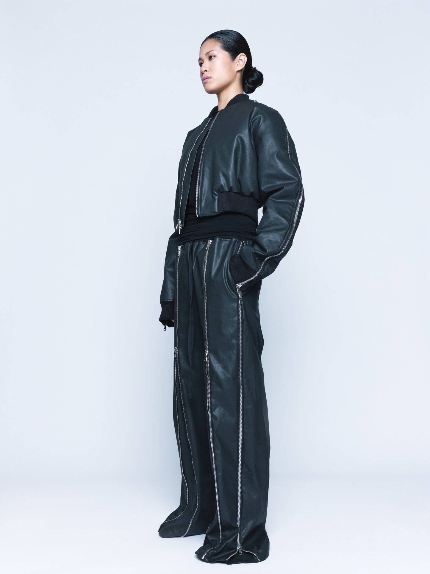 966 Matte Black Coated Denim Zipper Bomber Unisex