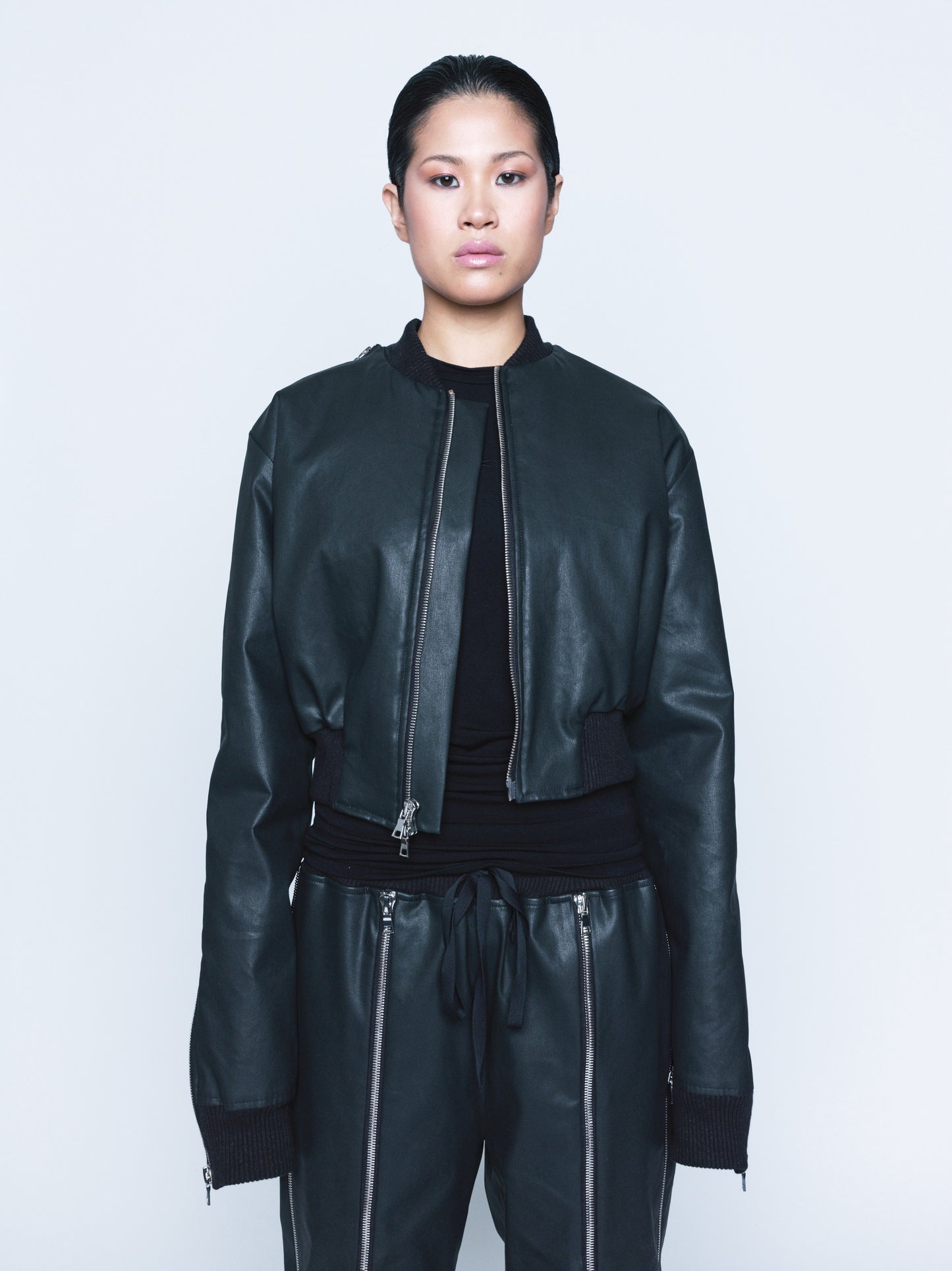 966 Matte Black Coated Denim Zipper Bomber Unisex