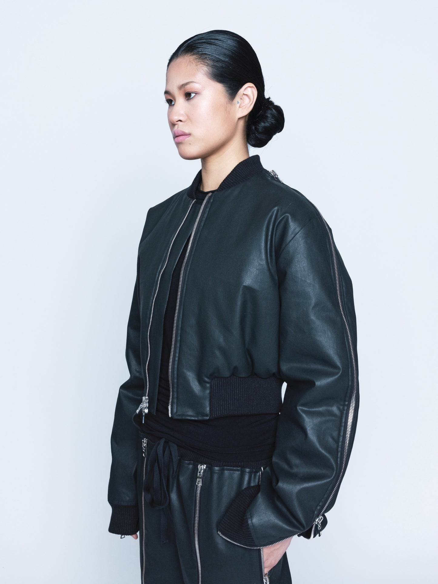 966 Matte Black Coated Denim Zipper Bomber Unisex