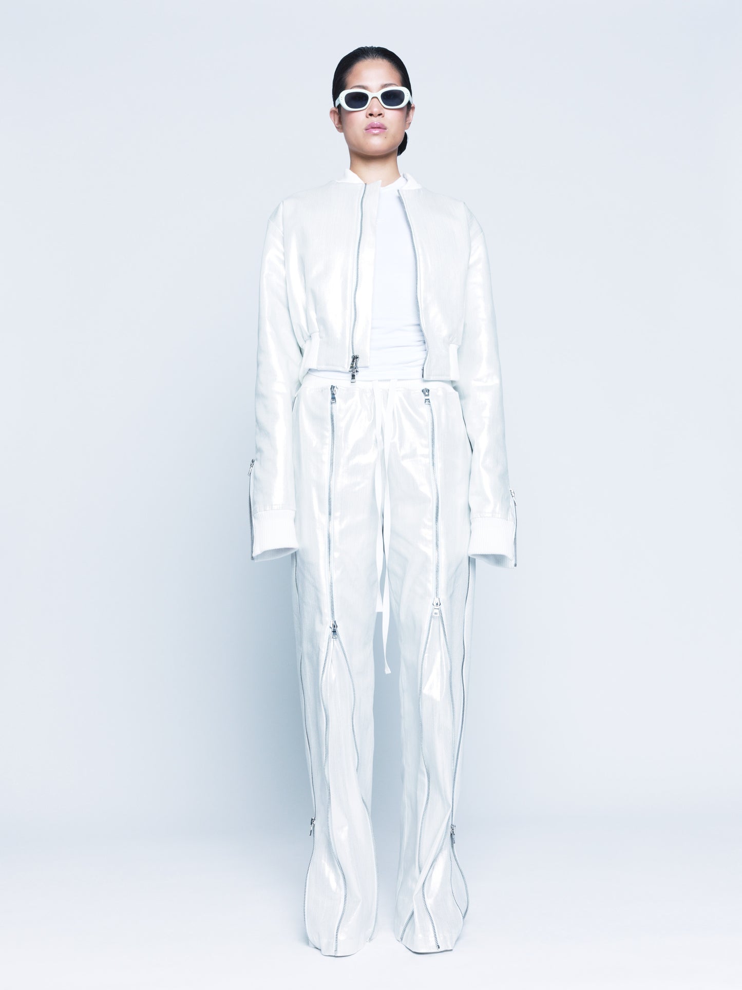 Trip-Zip White Silver Coated Denim Pants Unisex