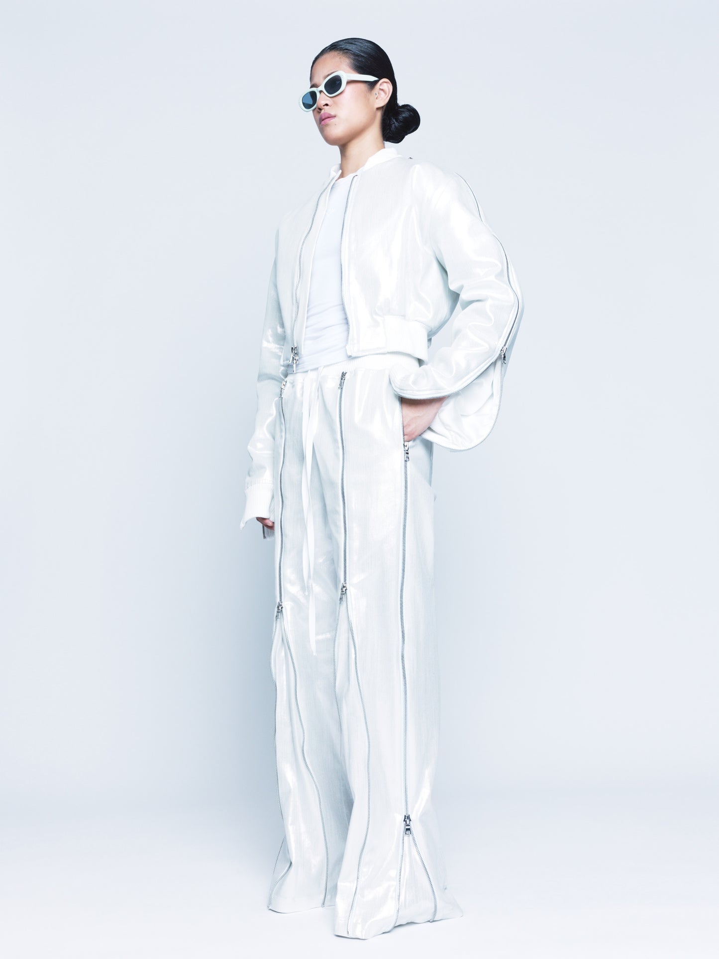 Trip-Zip White Silver Coated Denim Pants Unisex