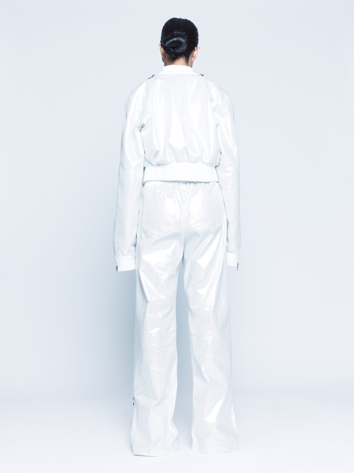 Trip-Zip White Silver Coated Denim Pants Unisex