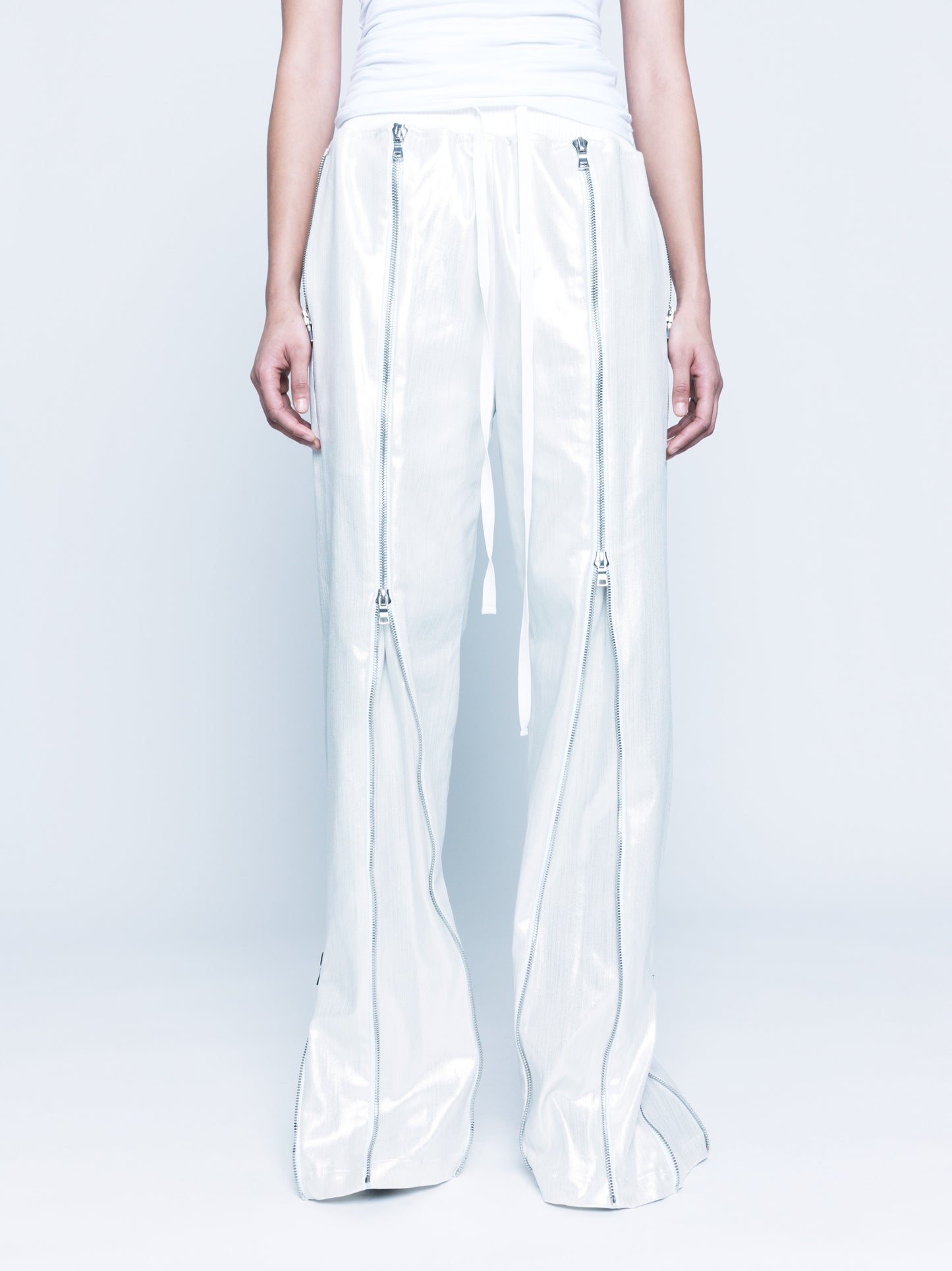 Trip-Zip White Silver Coated Denim Pants Unisex