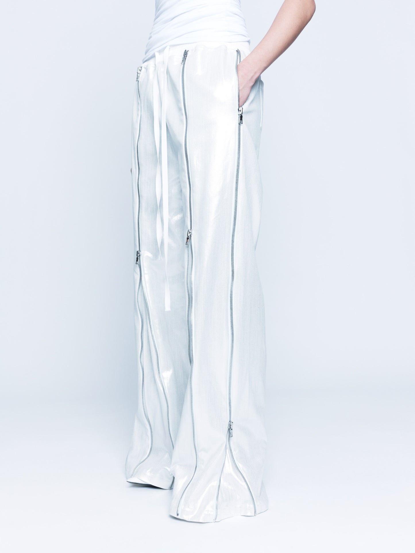 Trip-Zip White Silver Coated Denim Pants Unisex