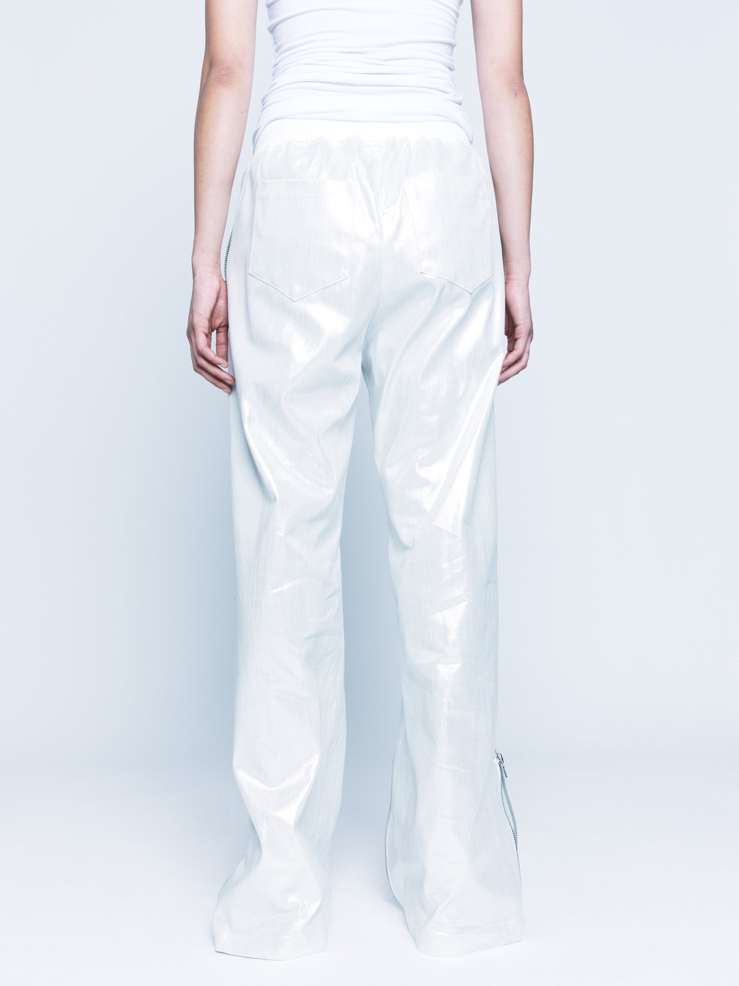 Trip-Zip White Silver Coated Denim Pants Unisex