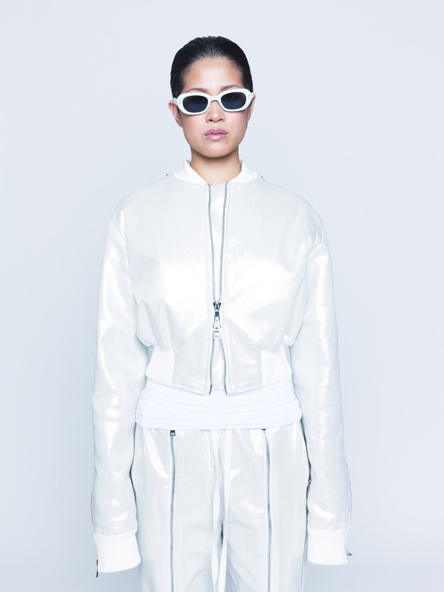 966 White Silver Coated Denim Zipper Bomber Unisex