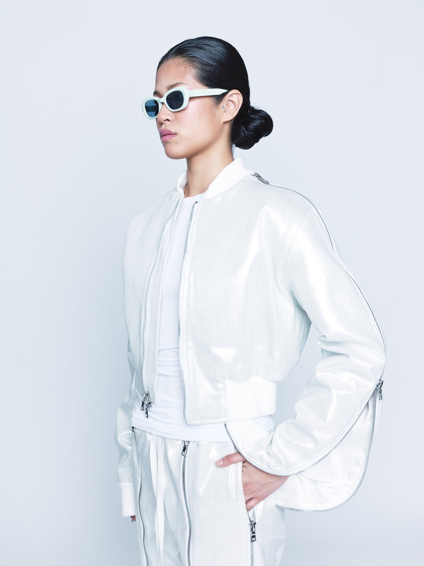 966 White Silver Coated Denim Zipper Bomber Unisex