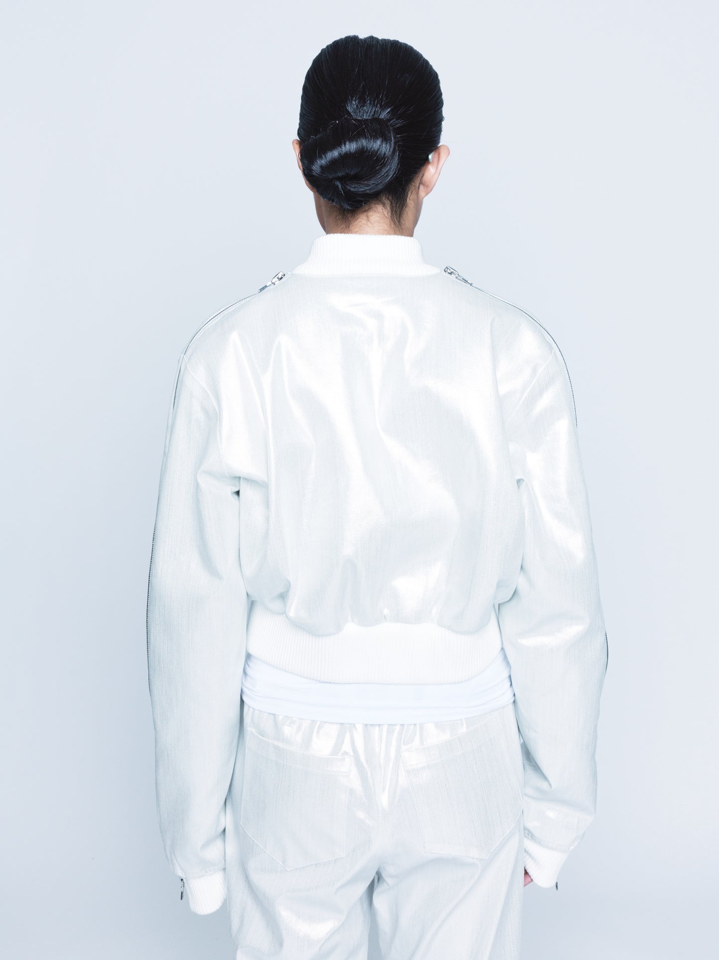 966 White Silver Coated Denim Zipper Bomber Unisex
