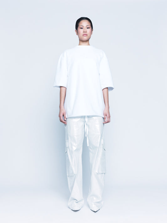 888 White Silver Cargo Coated Denim Pants Unisex