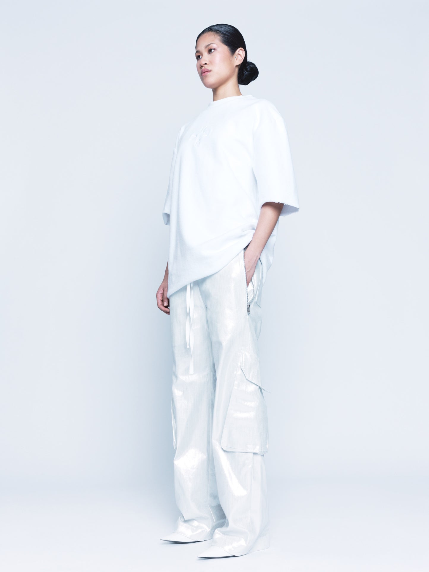 888 White Silver Cargo Coated Denim Pants Unisex
