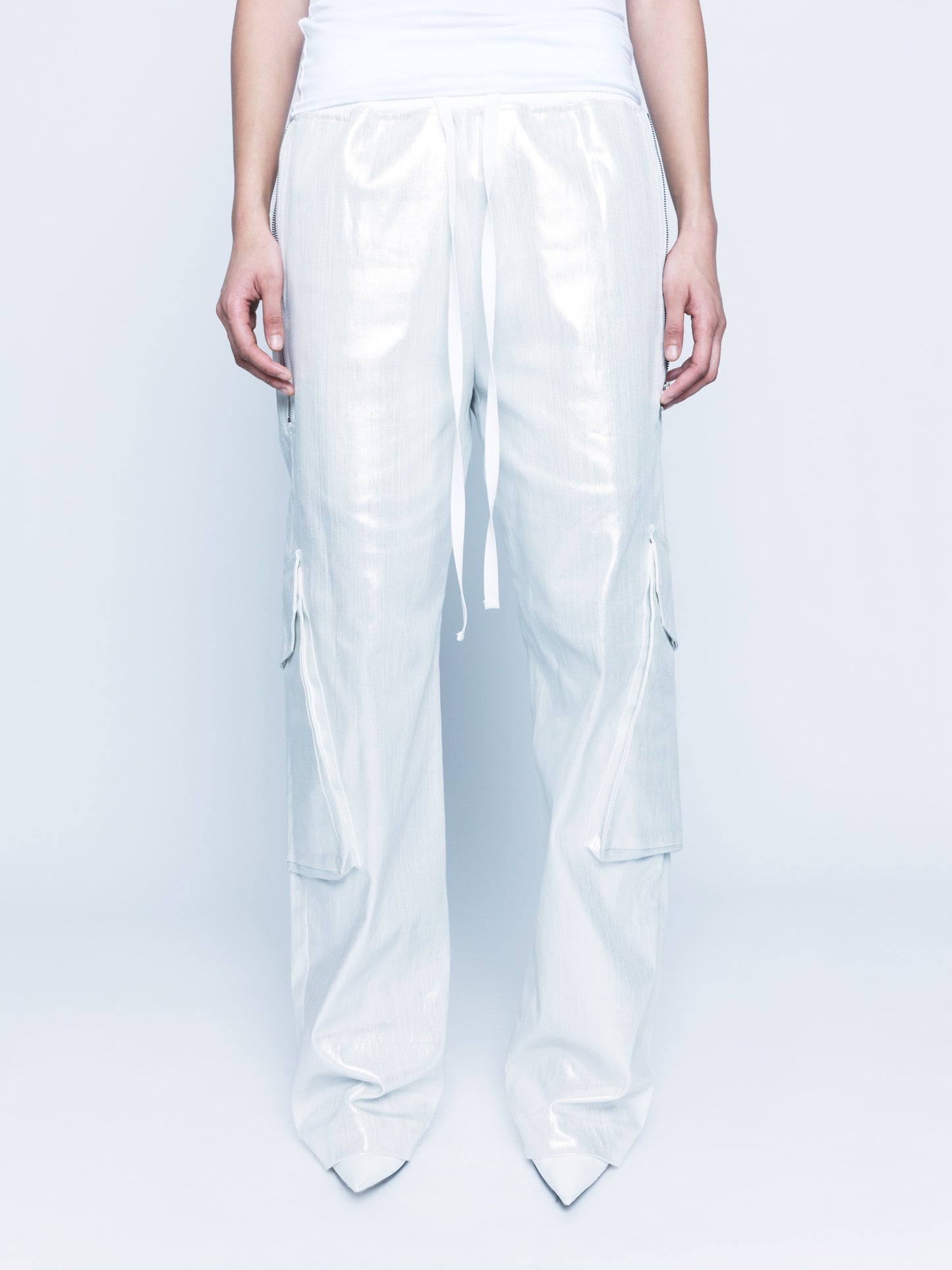 888 White Silver Cargo Coated Denim Pants Unisex