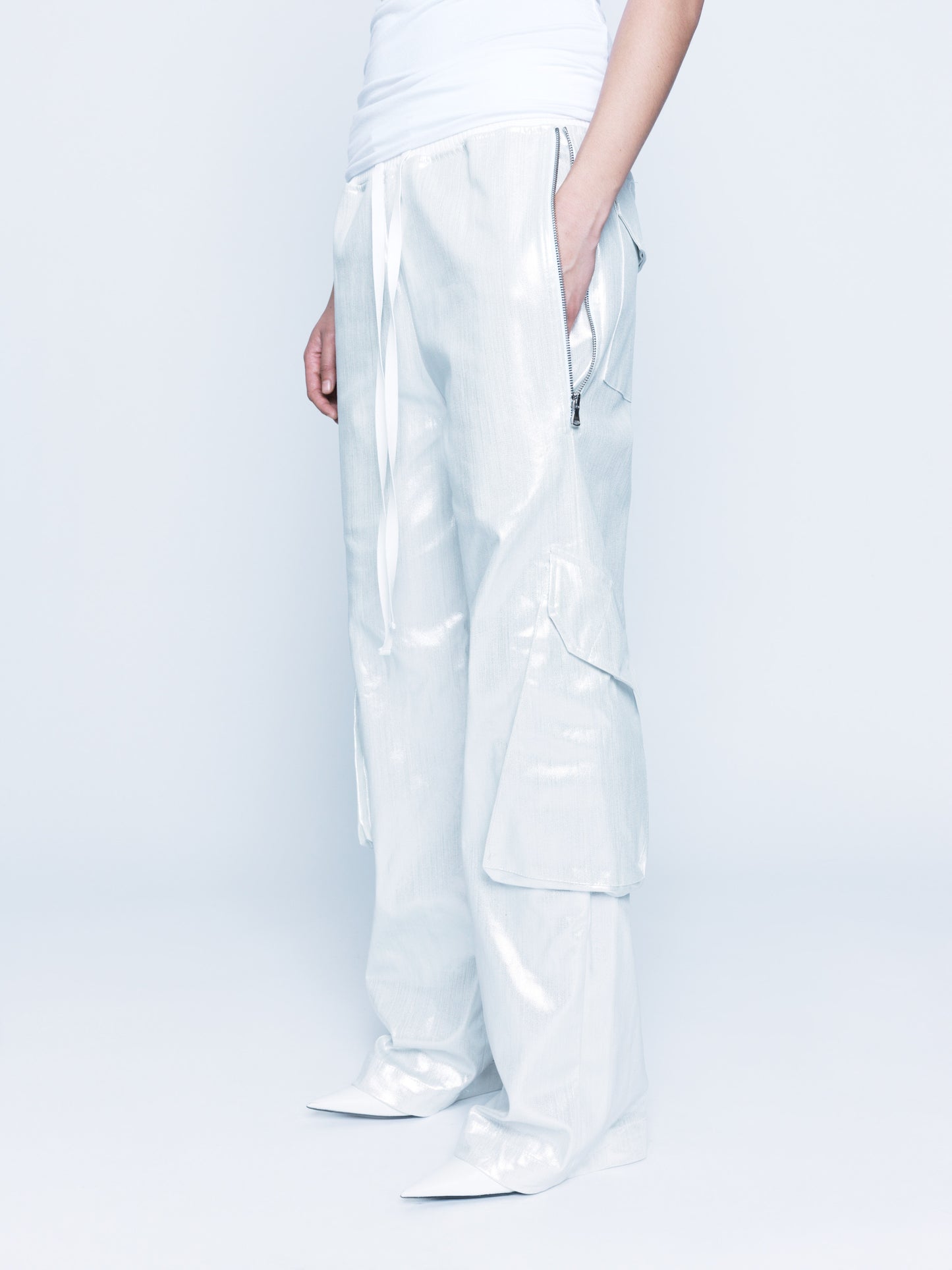 888 White Silver Cargo Coated Denim Pants Unisex